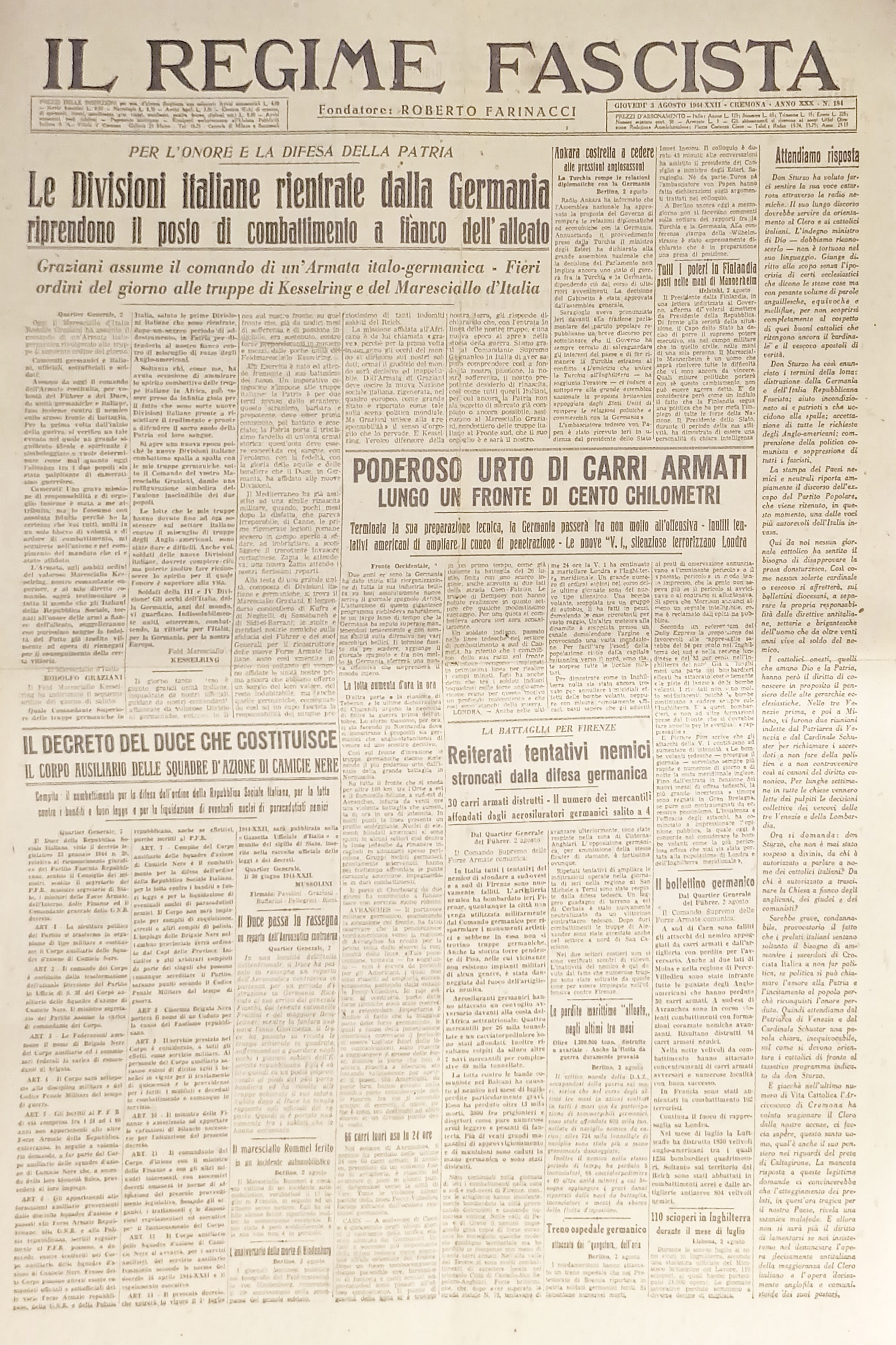Quotidiano - Il Regime Fascista n. 184 - 1944 Divisioni …