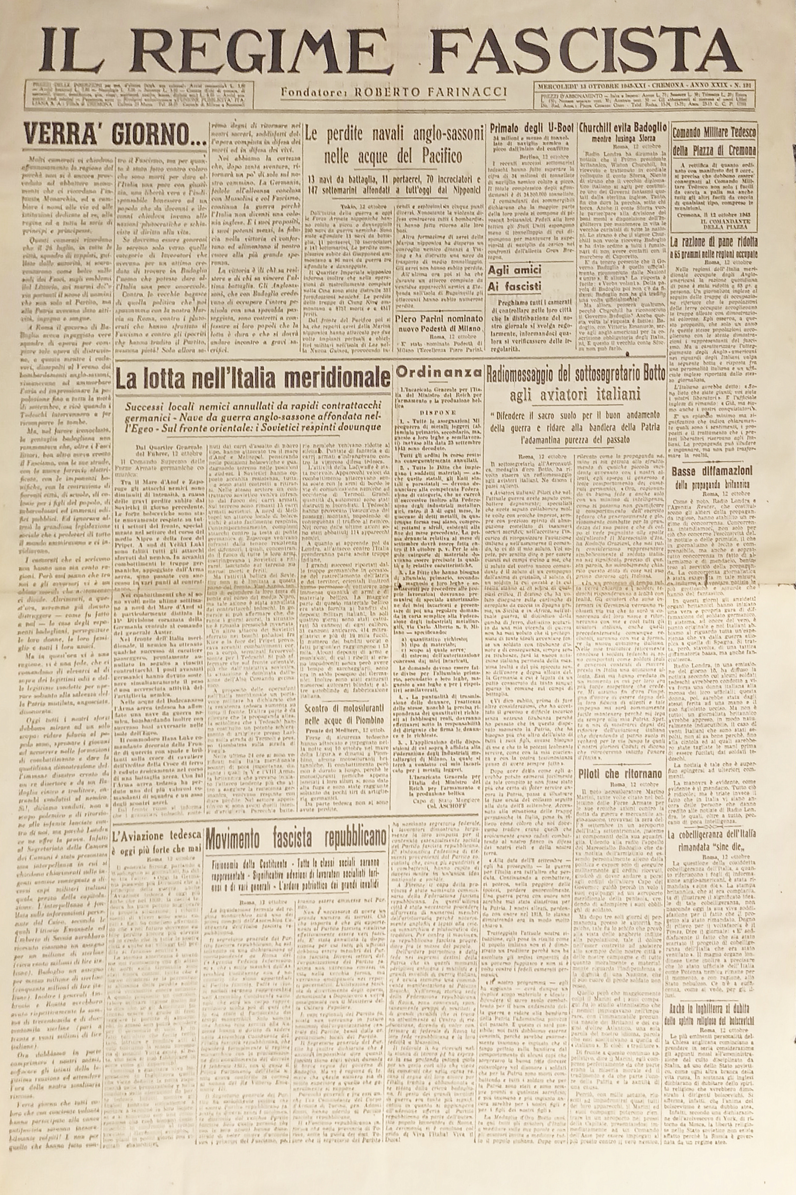 Quotidiano - Il Regime Fascista n. 191 - 1943 La …