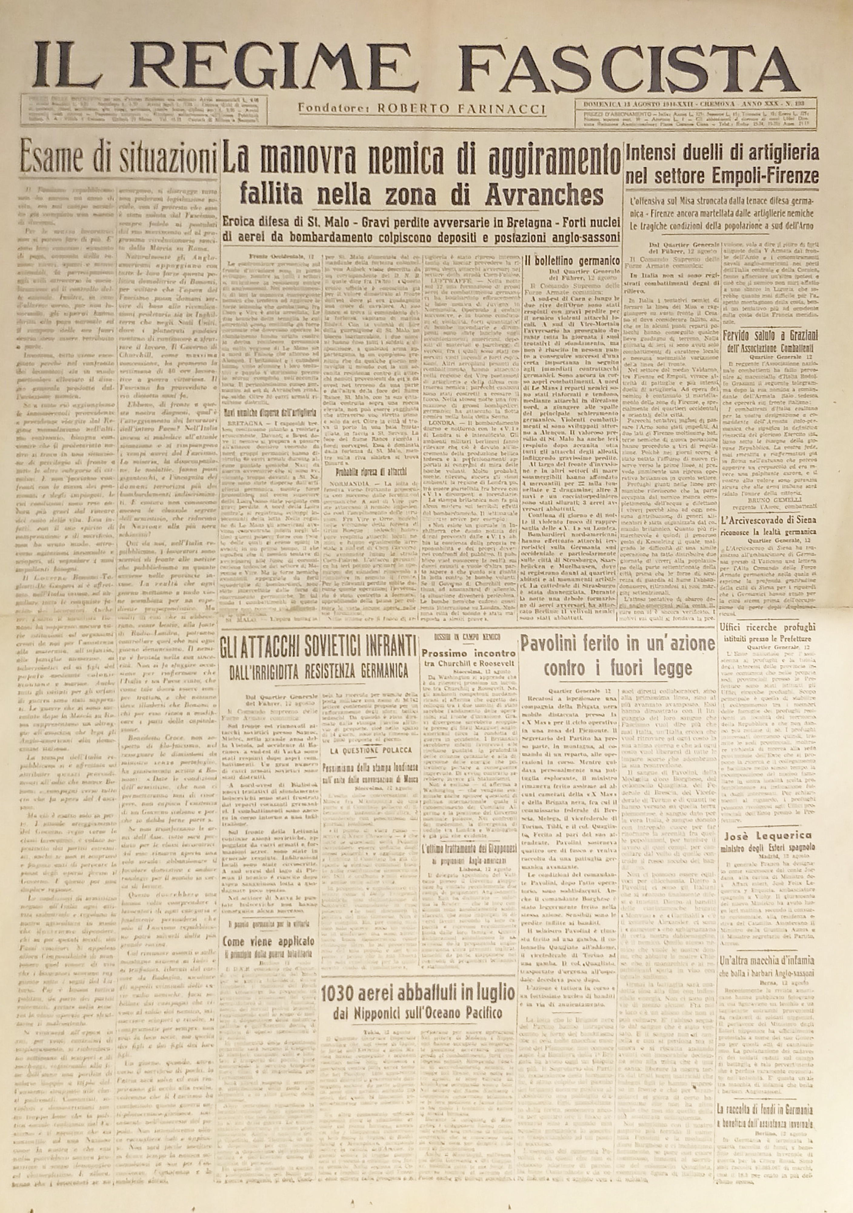 Quotidiano - Il Regime Fascista n. 193 - 1944 Artiglieria …