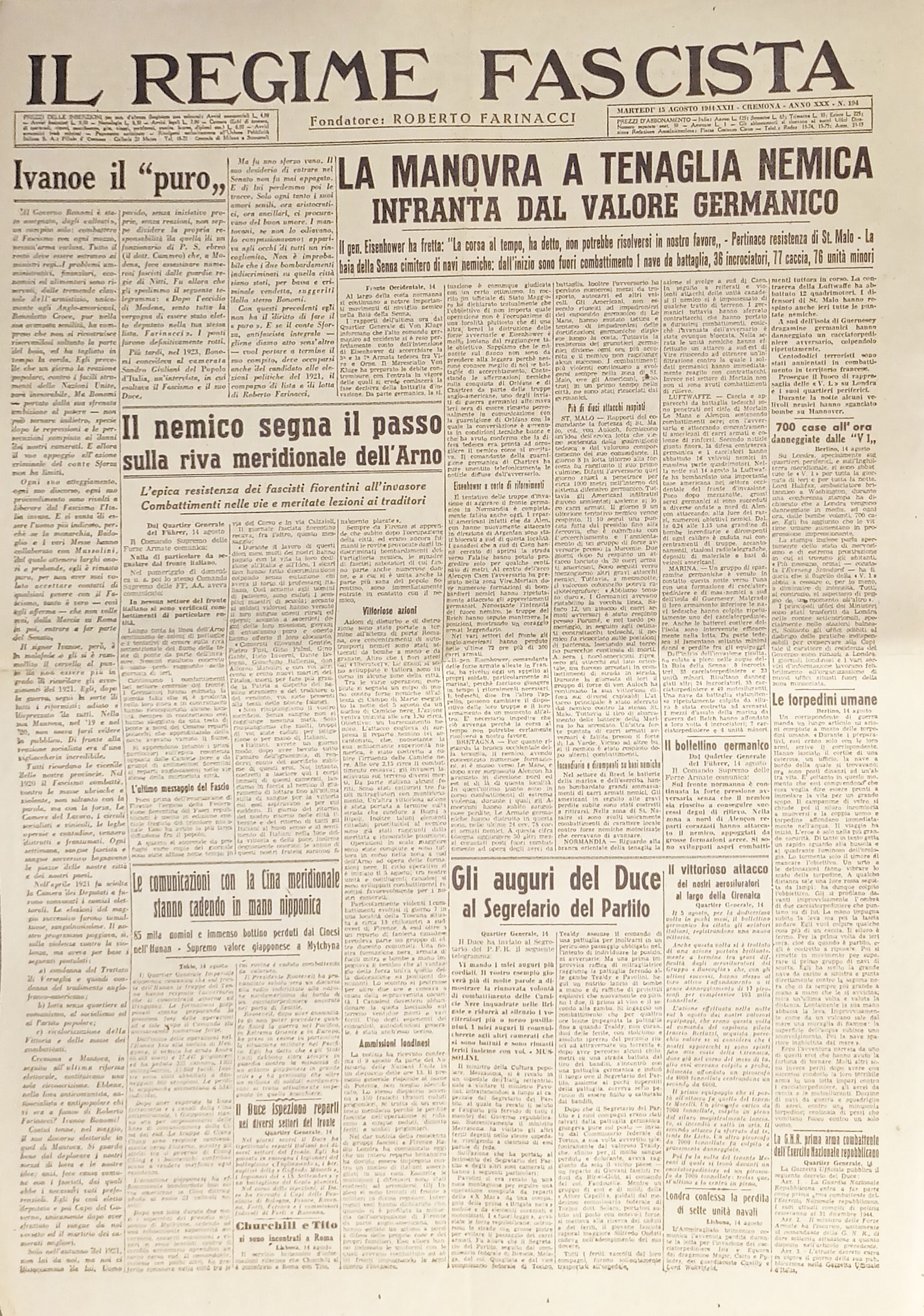 Quotidiano - Il Regime Fascista n. 194 - 1944 La …