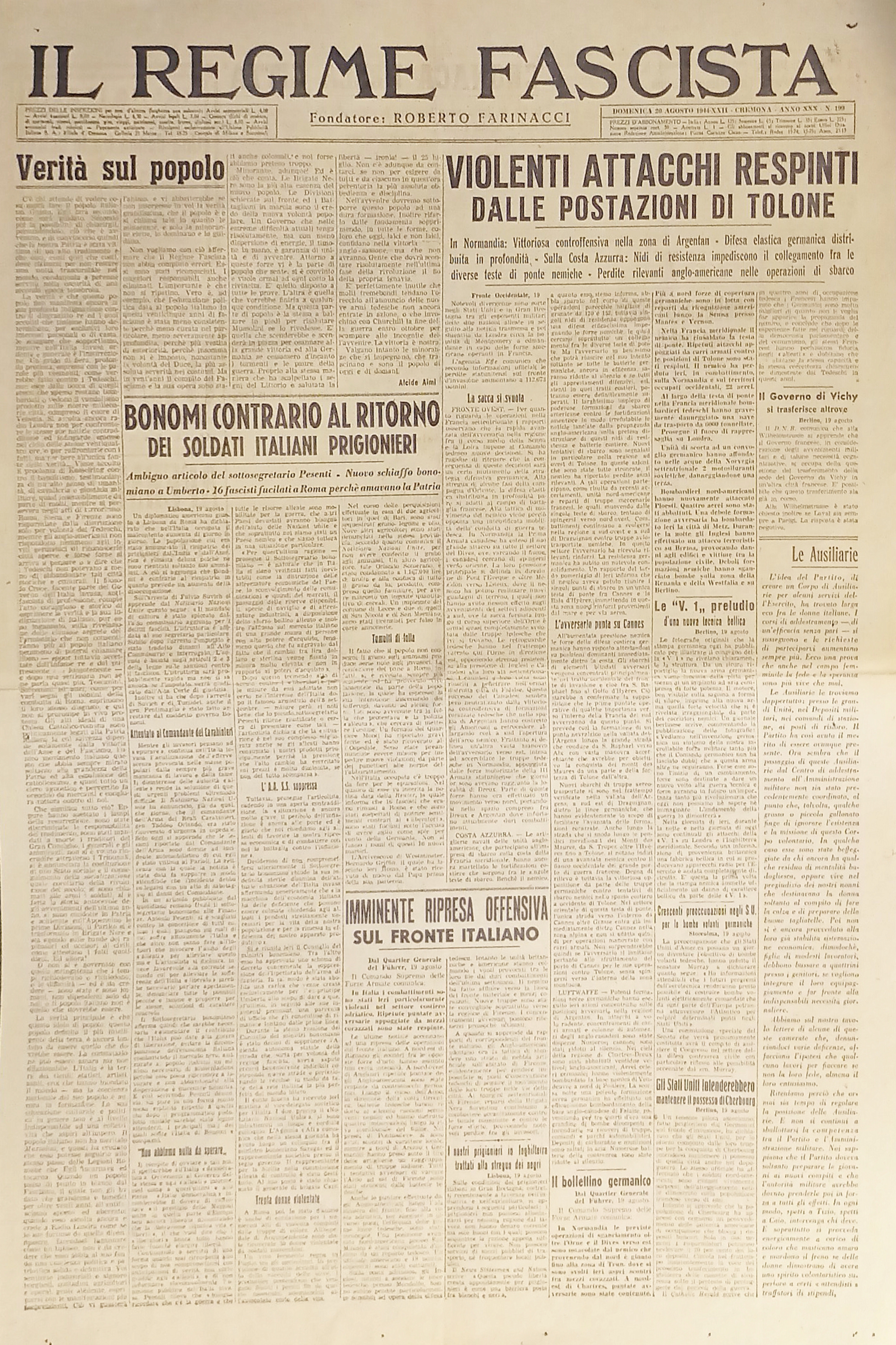 Quotidiano - Il Regime Fascista n. 199 - 1944 Violenti …