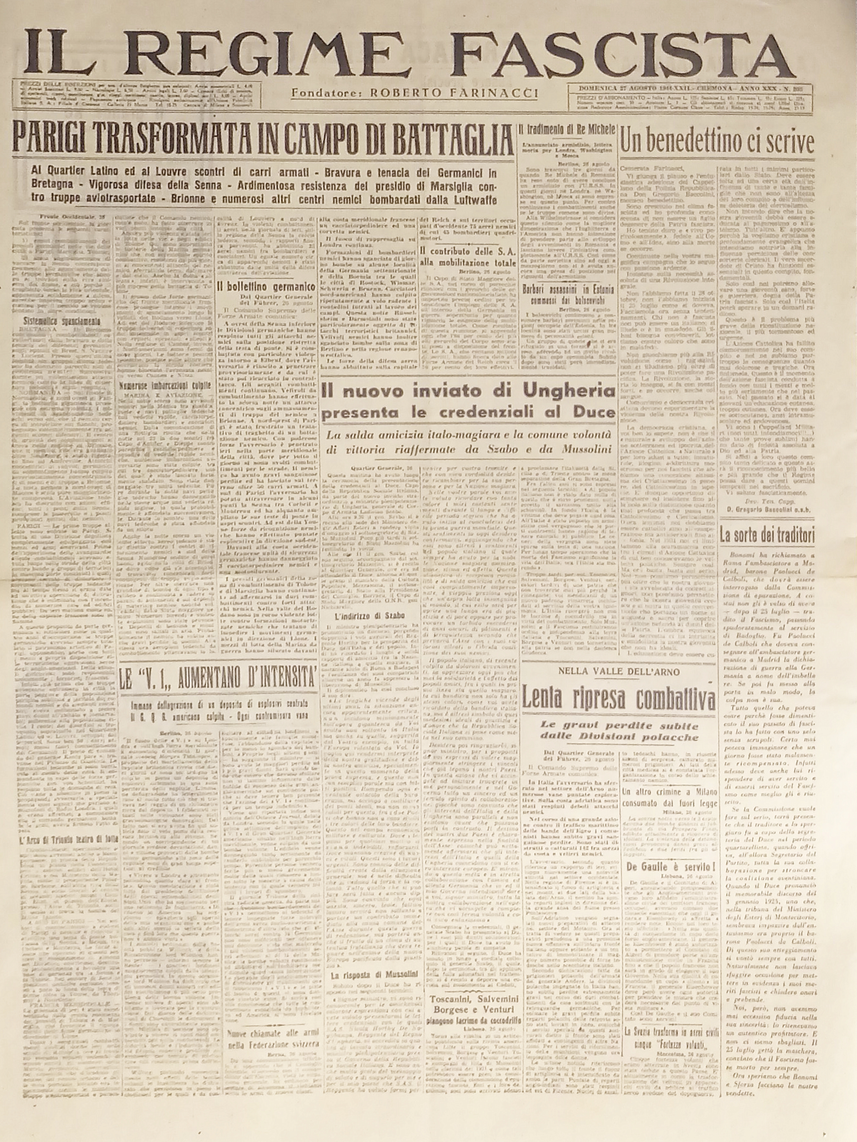 Quotidiano - Il Regime Fascista n. 205 - 1944 Parigi …
