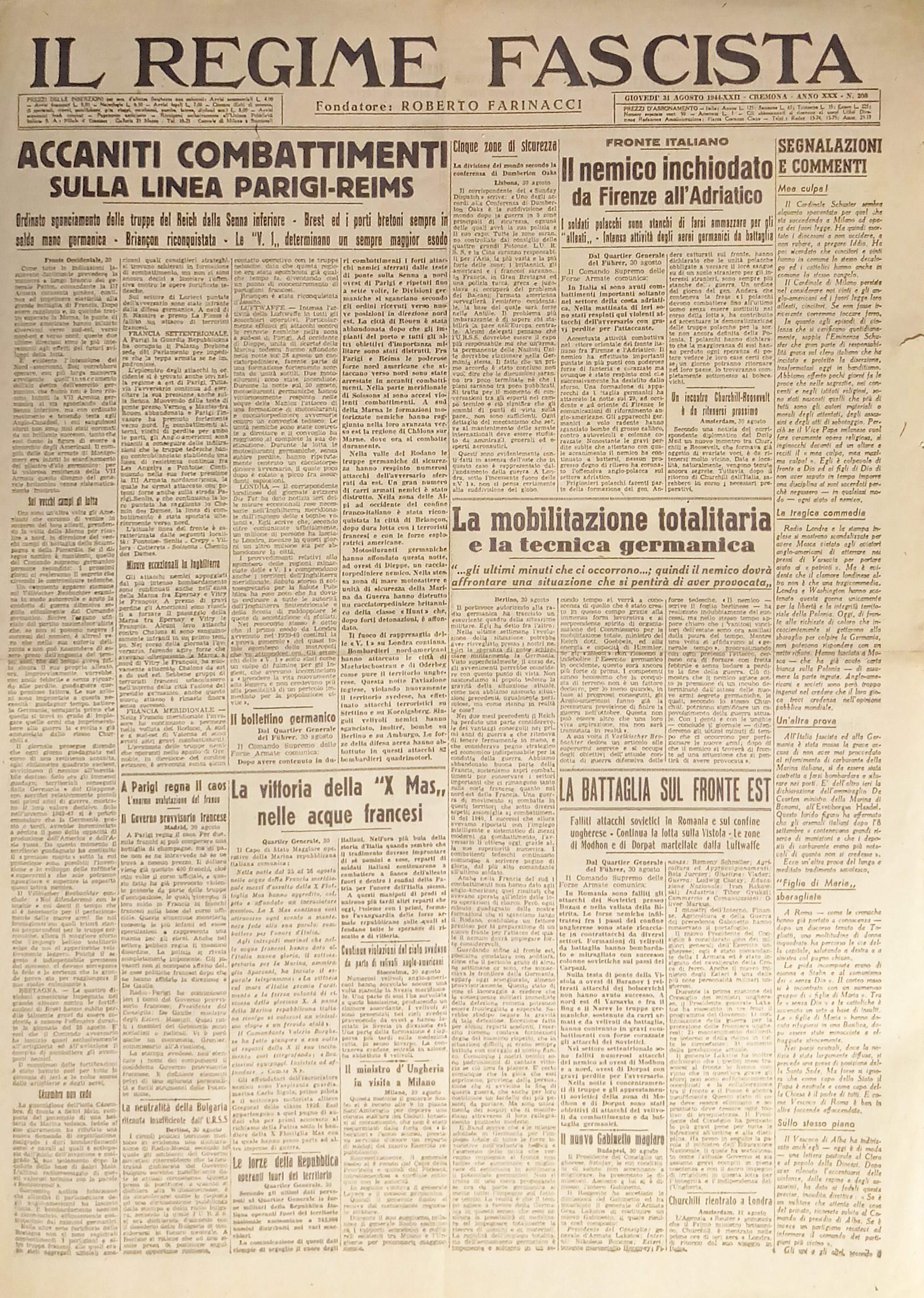 Quotidiano - Il Regime Fascista n. 208 - 1944 Combattimenti …