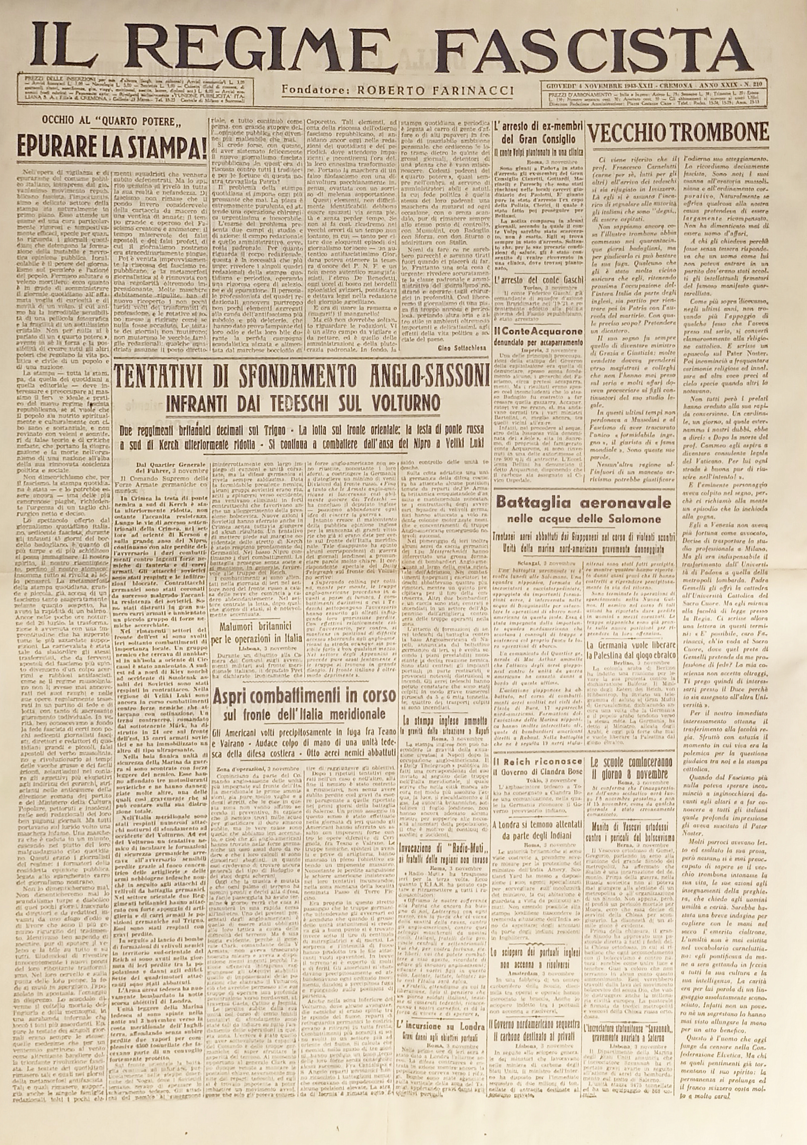 Quotidiano - Il Regime Fascista n. 210 - 1943 Sfondamento …