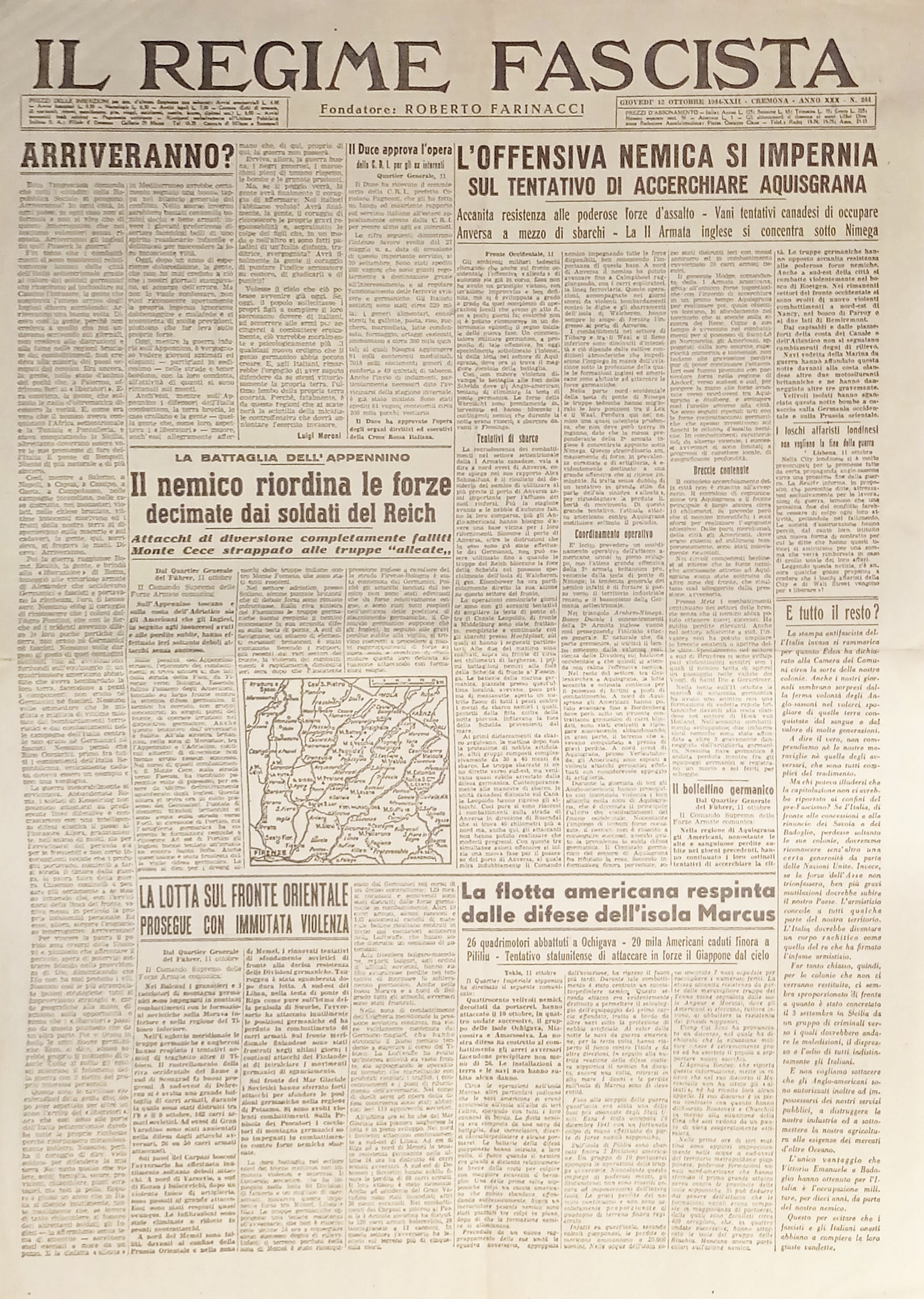 Quotidiano - Il Regime Fascista n. 244 - 1944 L'offensiva …