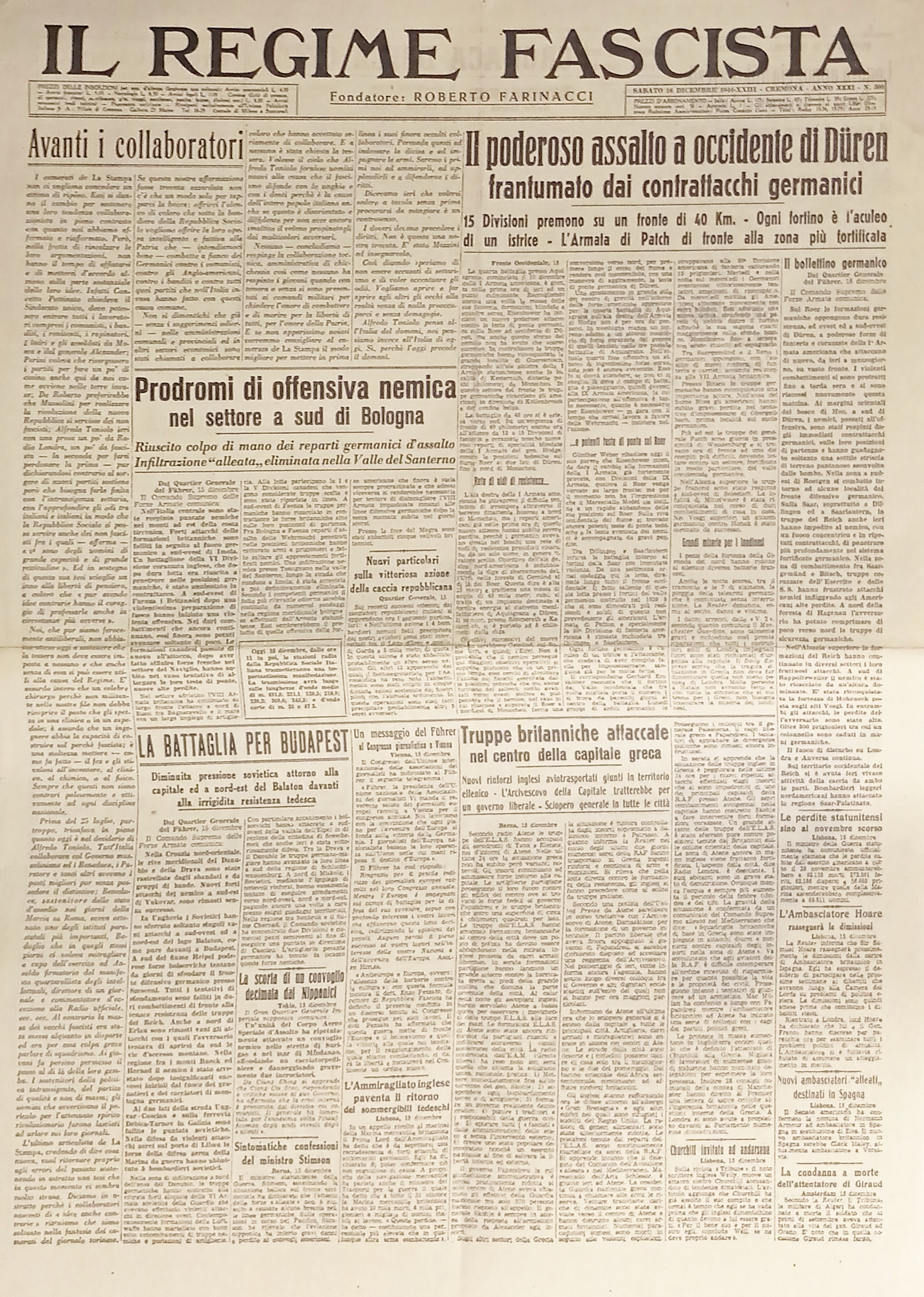 Quotidiano - Il Regime Fascista n. 300 - 1944 Assalto …