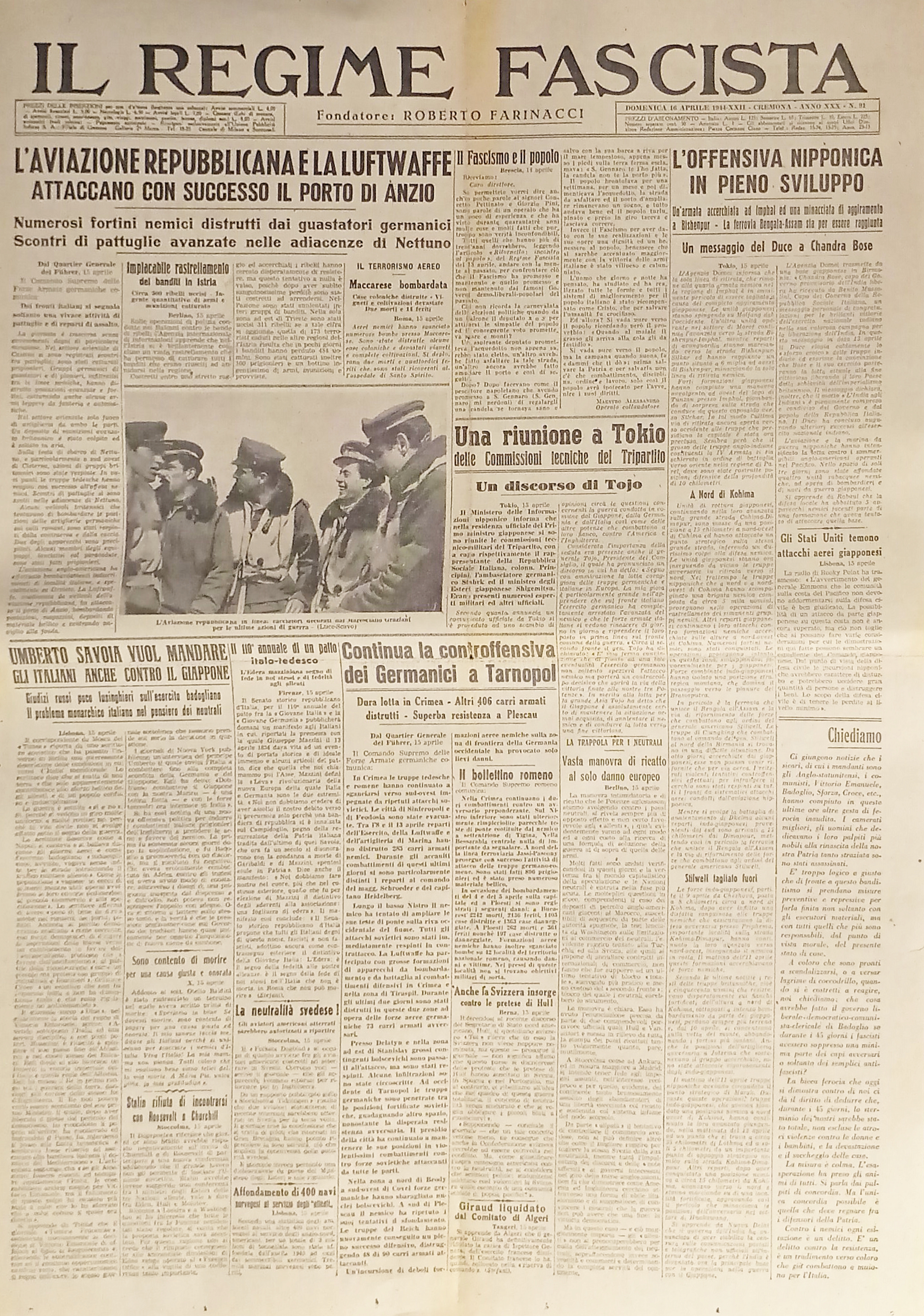 Quotidiano - Il Regime Fascista n. 91 - 1944 Una …