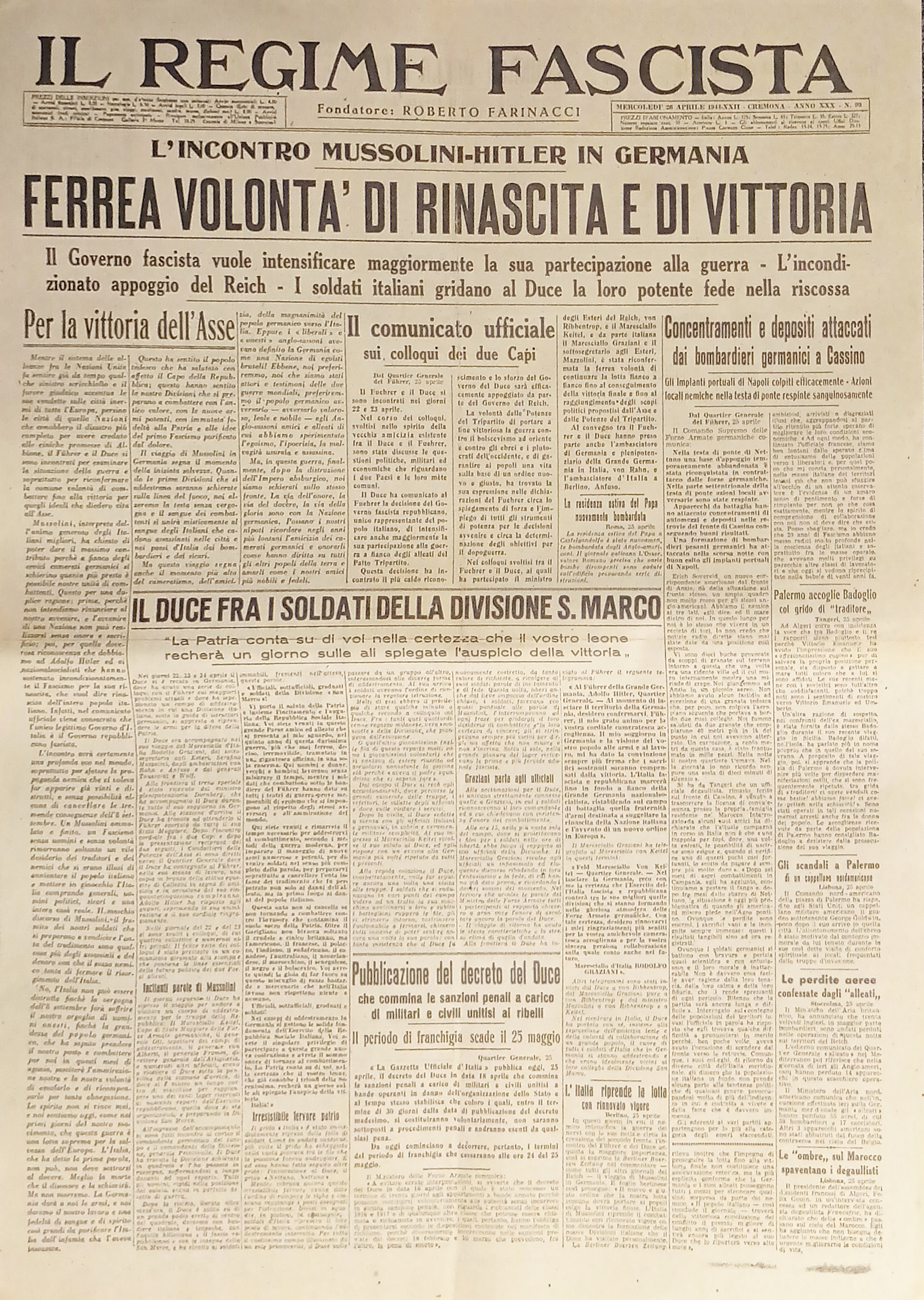 Quotidiano - Il Regime Fascista n. 99 - 1944 Ferrea …