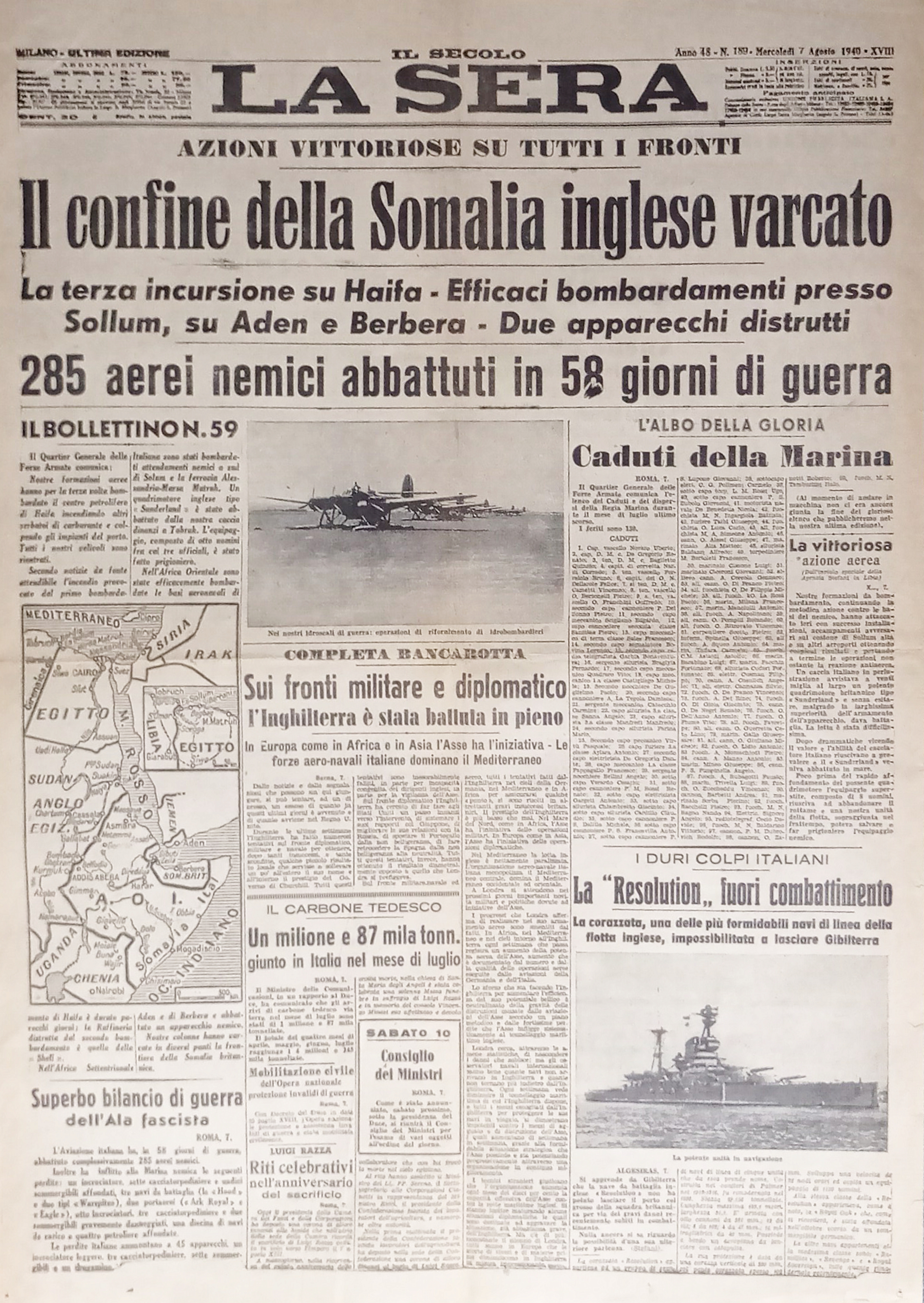 Quotidiano - La Sera N. 189 - 1940 Il confine …