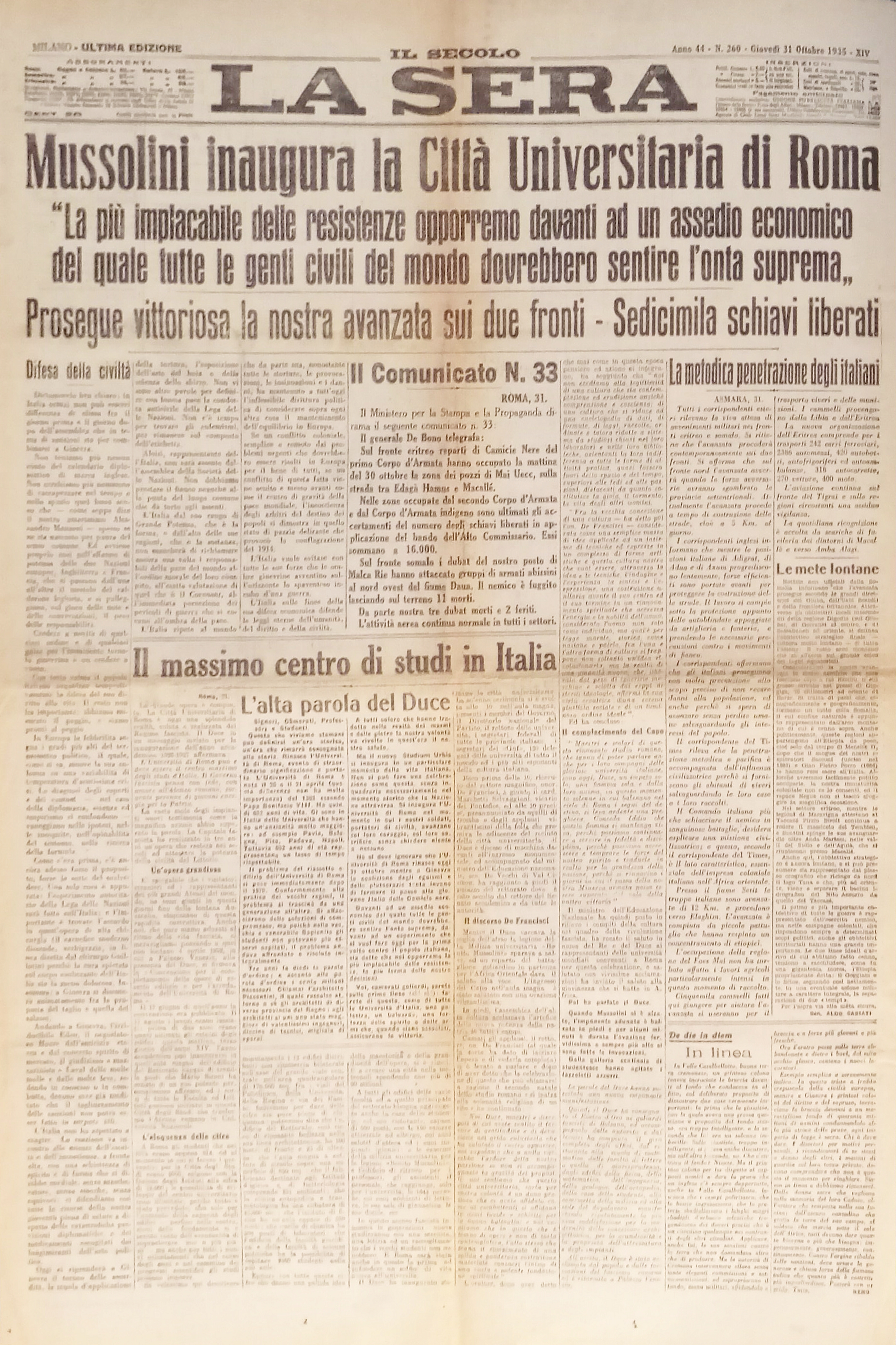 Quotidiano - La Sera N. 260 - 1935 Mussolini inaugura …