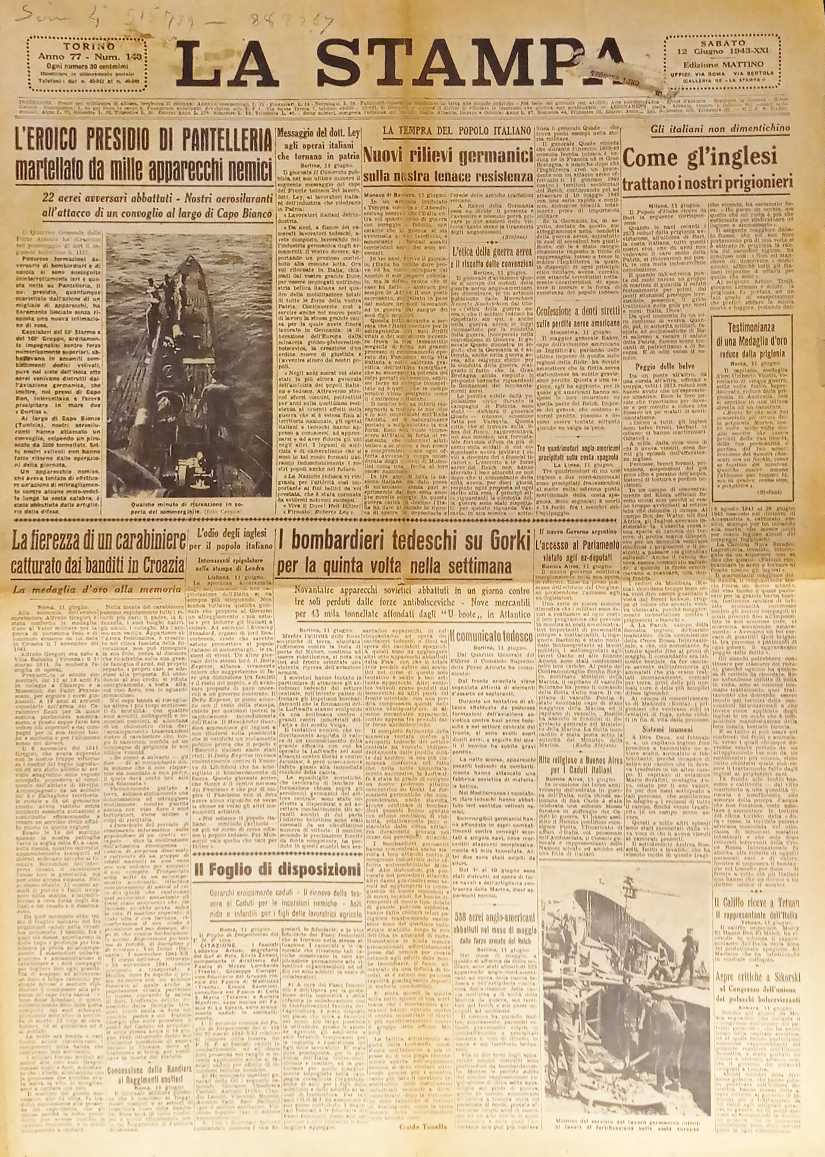 Quotidiano - La Stampa N. 140 - 1943 L'eroico presidio …