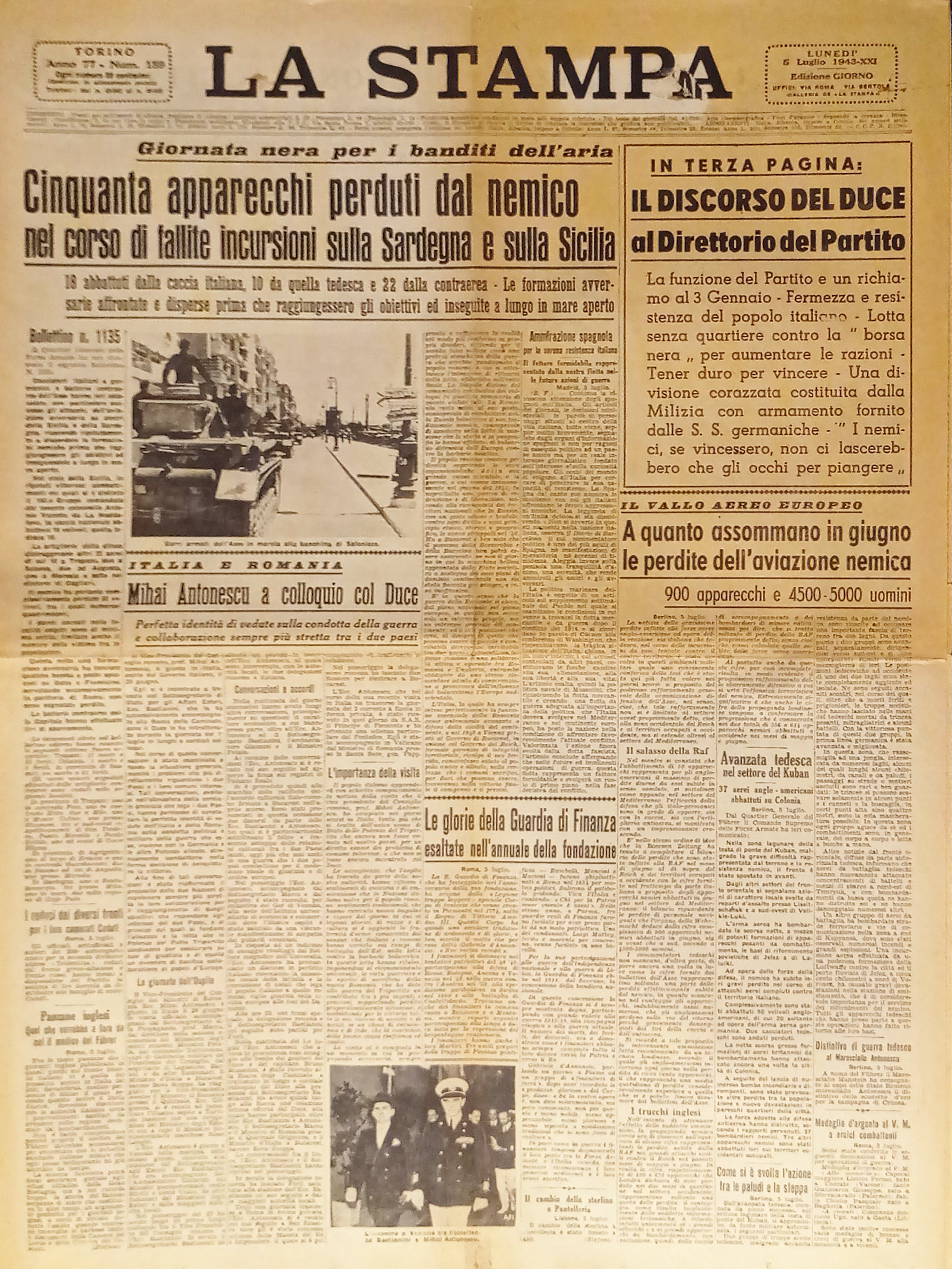 Quotidiano - La Stampa N. 159 - 1943 Cinquanta apparecchi …