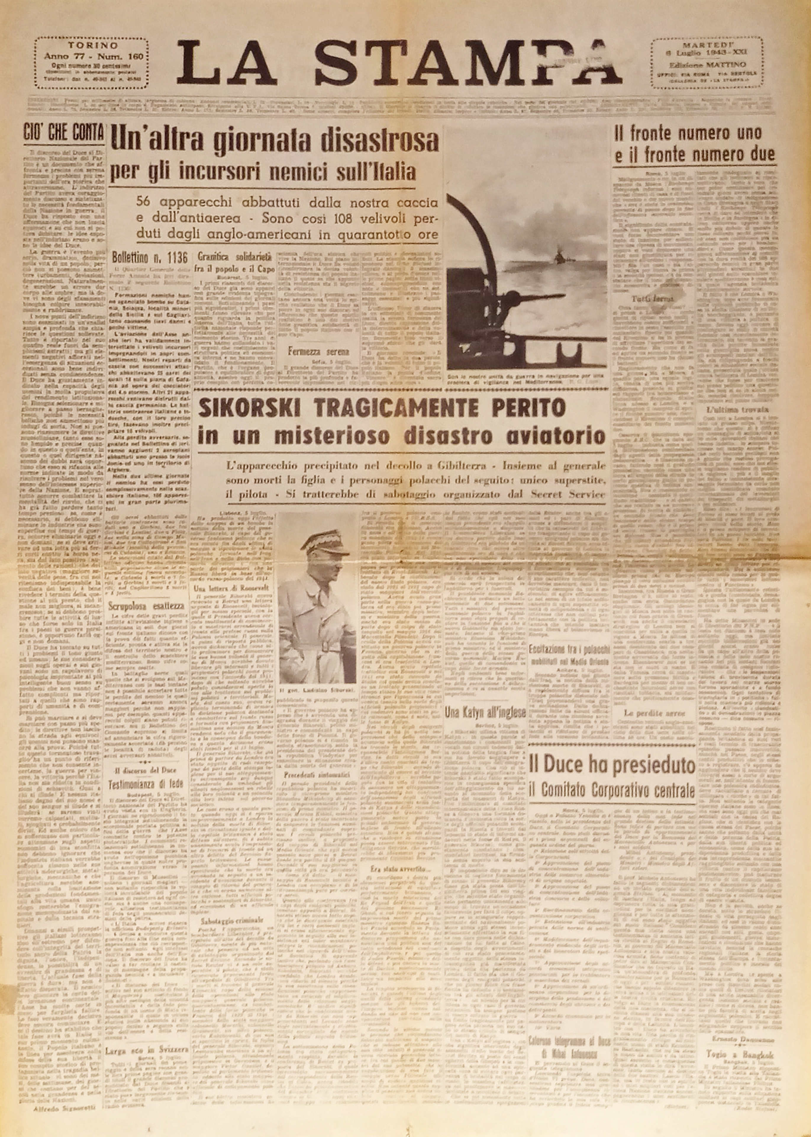 Quotidiano - La Stampa N. 160 - 1943 Sikorski tragicamente …