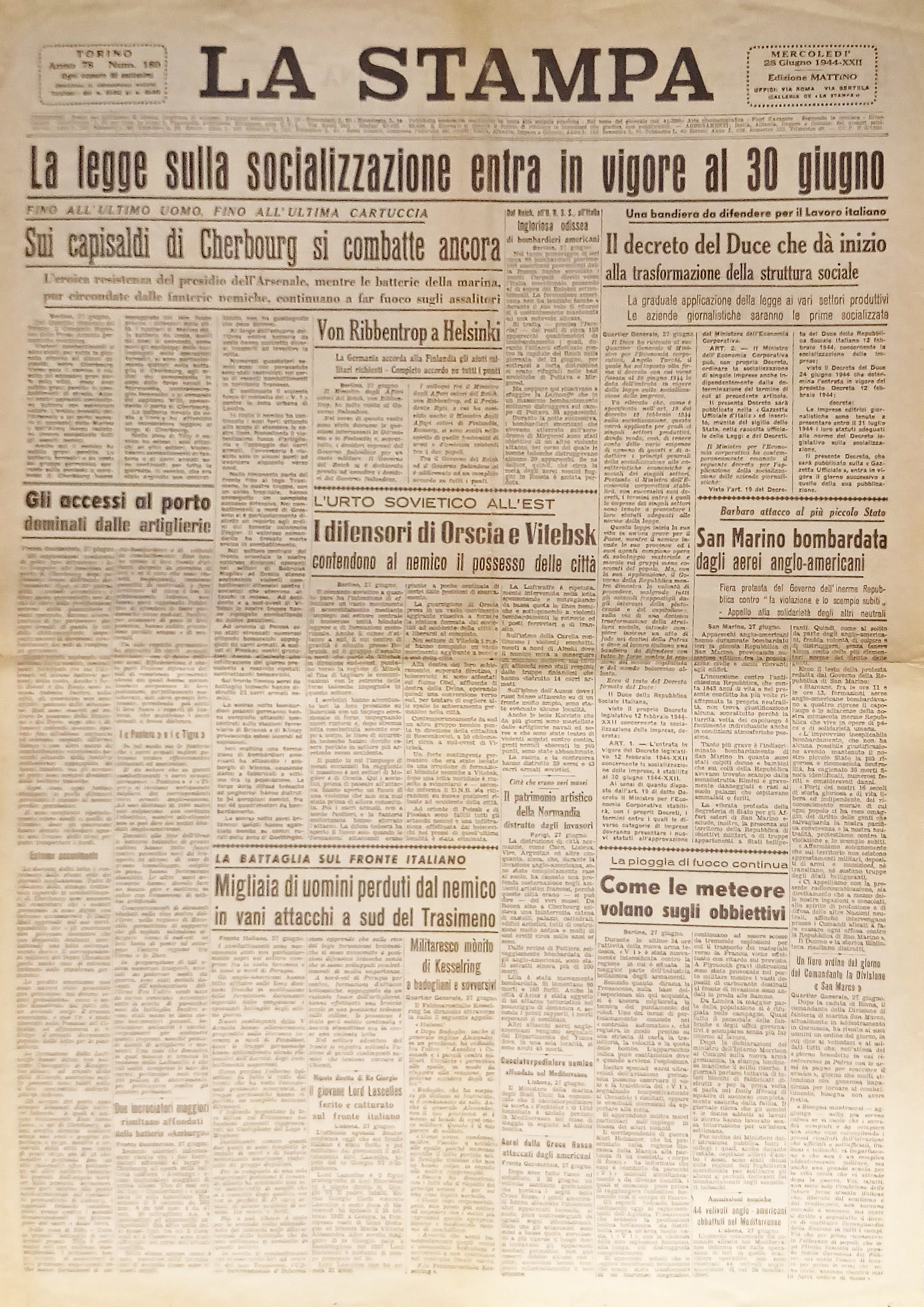 Quotidiano - La Stampa N. 180 - 1944 La legge …
