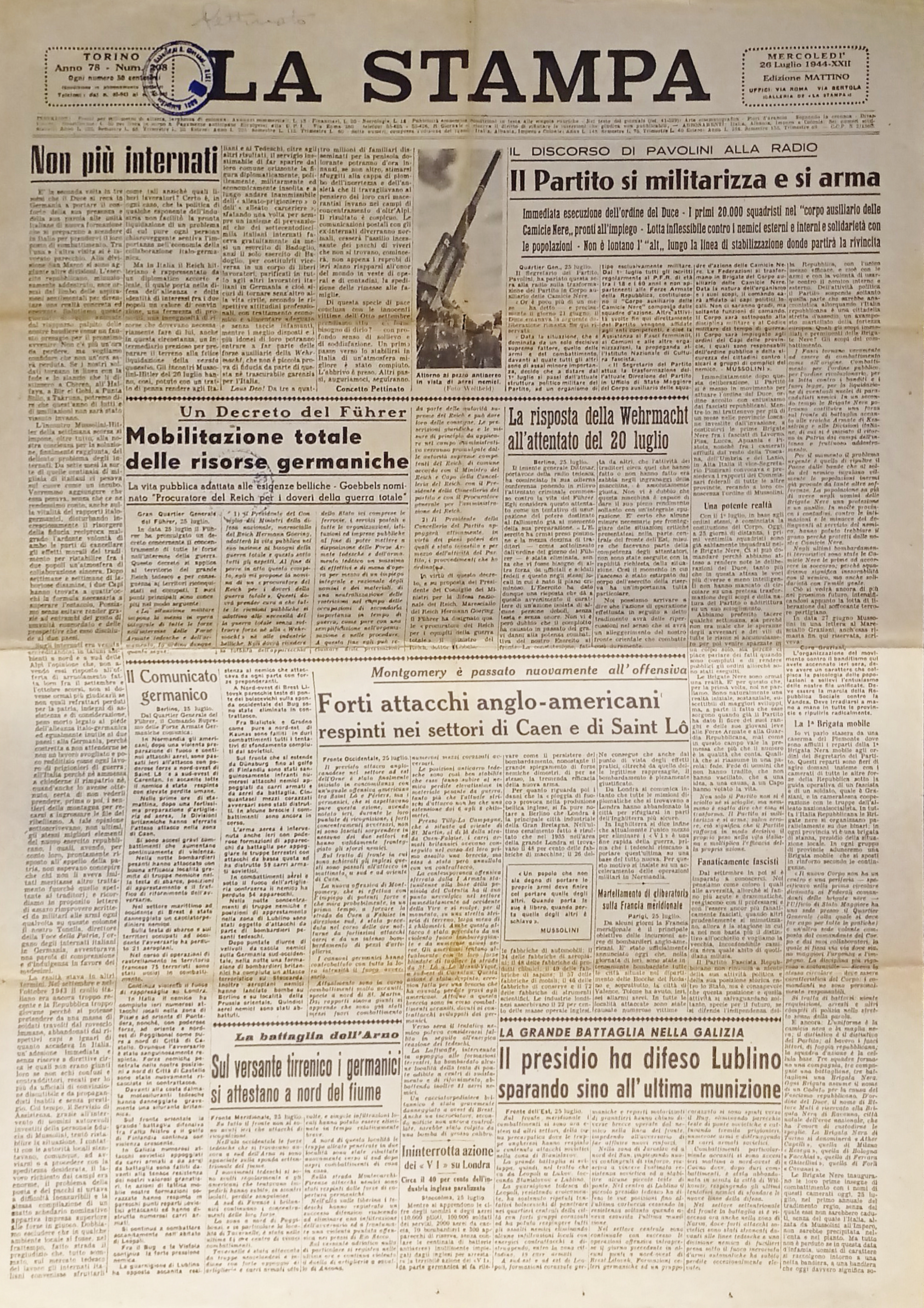 Quotidiano - La Stampa N. 208 - 1944 Il Partito …