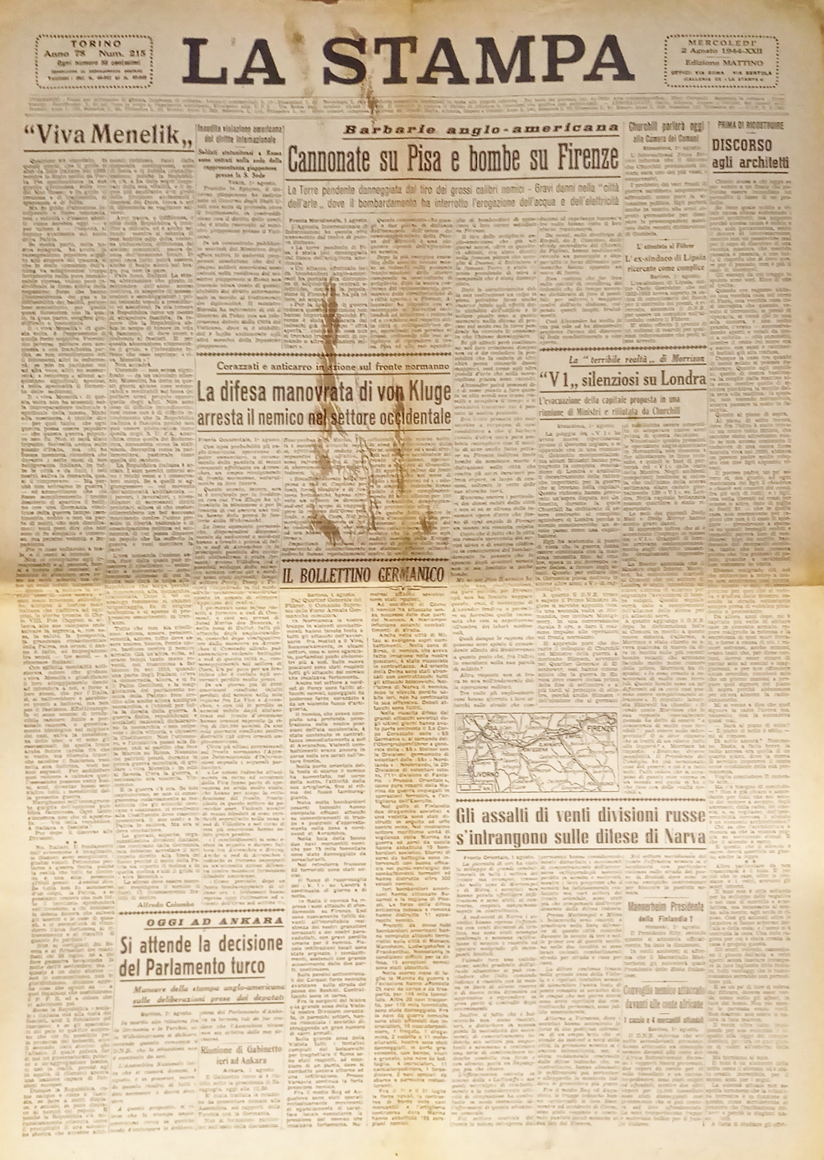 Quotidiano - La Stampa N. 215 - 1944 Cannonate su …