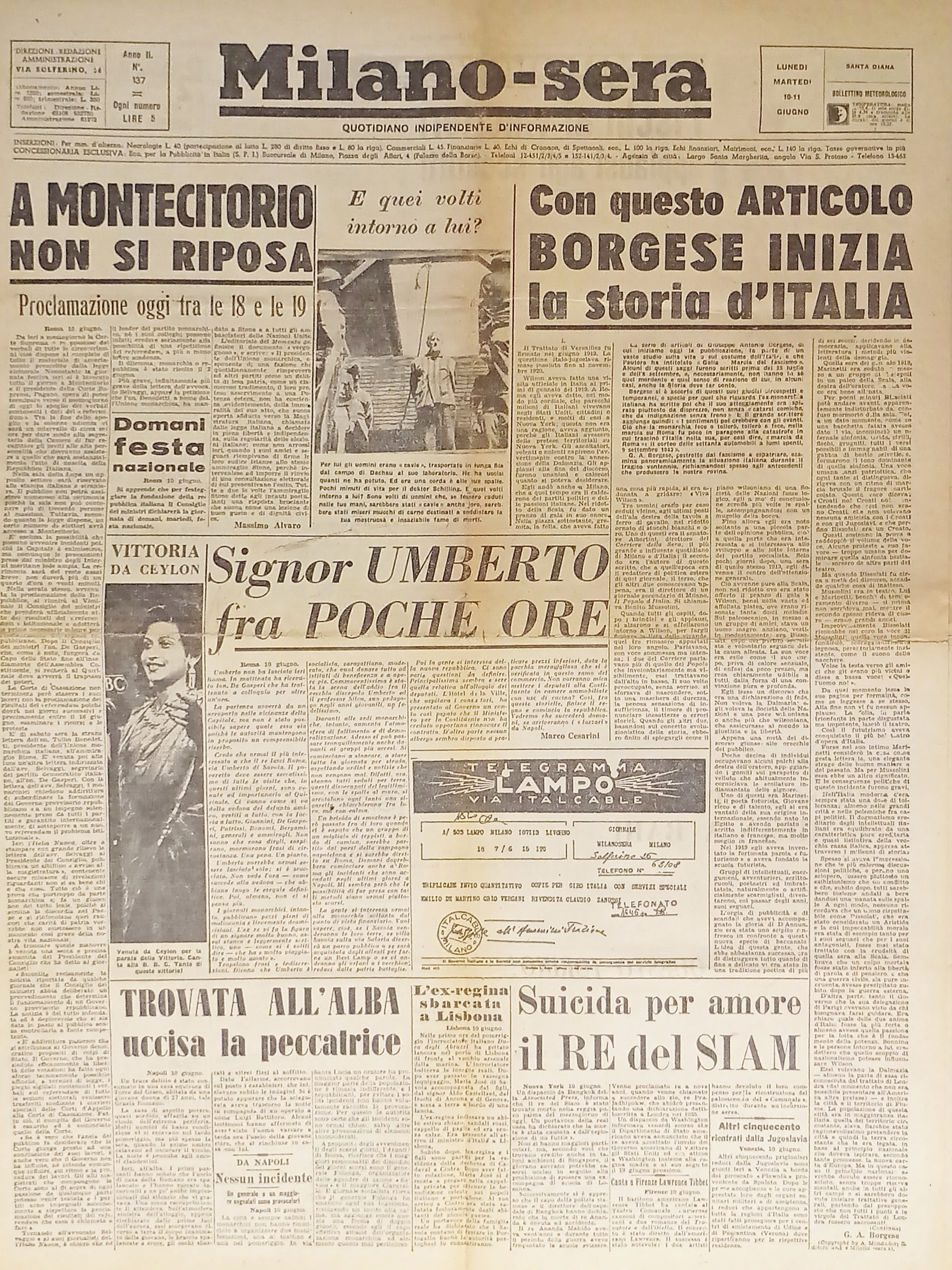 Quotidiano - Milano-Sera n. 137 - 1946 Borghese inizia la …