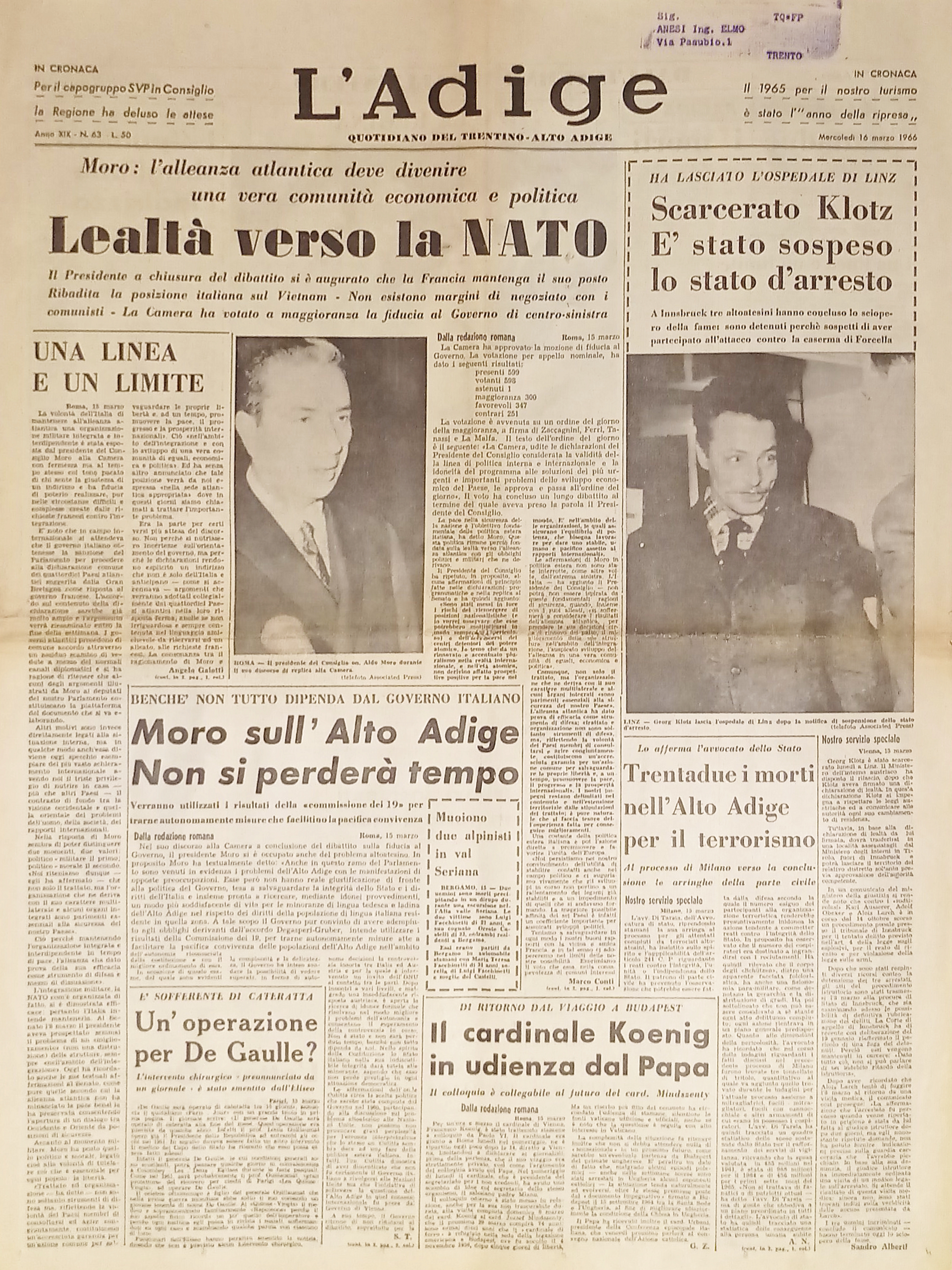 Quotidiano del Trentino - L'Adige n. 63 - 1966 Lealtà …