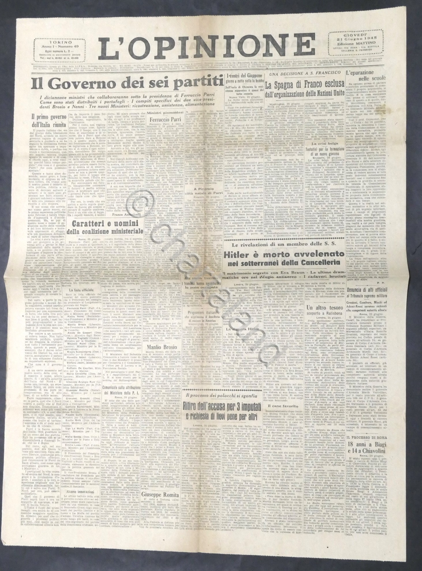 Quotidiano di Torino - L'Opinione - N. 49 - 1945 …