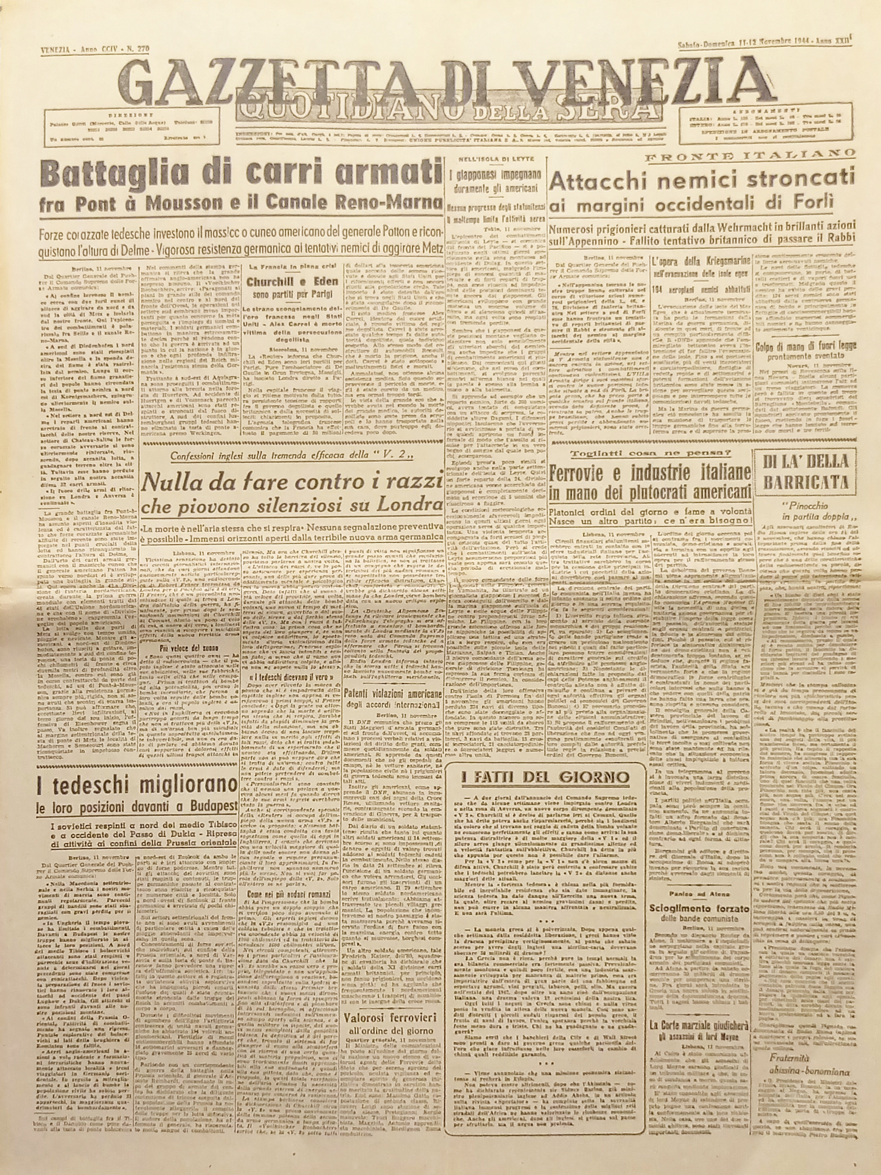Quotidiano Gazzetta di Venezia N. 270 1944 Battaglia Pont à …