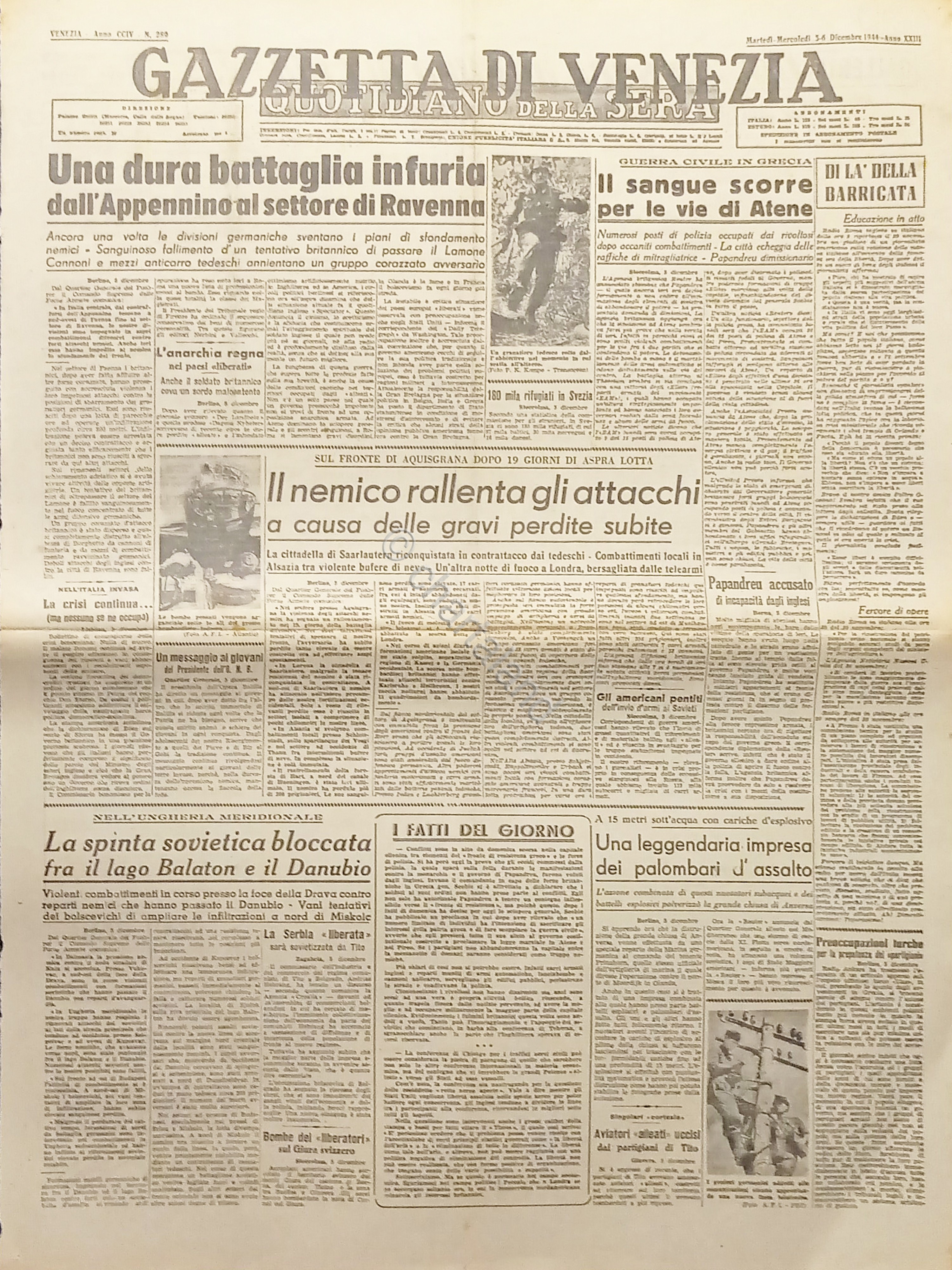 Quotidiano Gazzetta di Venezia N. 289 - 1944 Battaglia dall'Appennino …