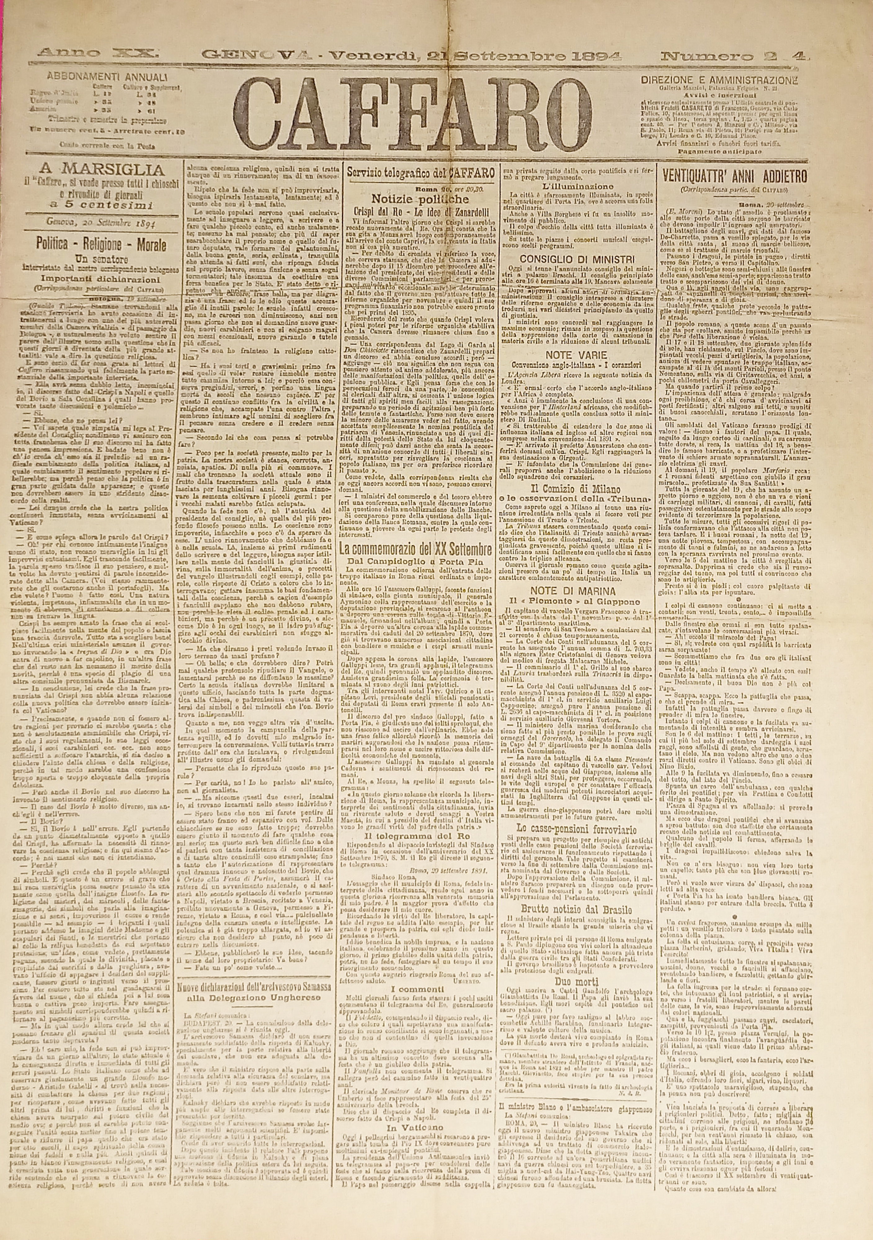 Quotidiano Genova - Caffaro n. 234 - 1894