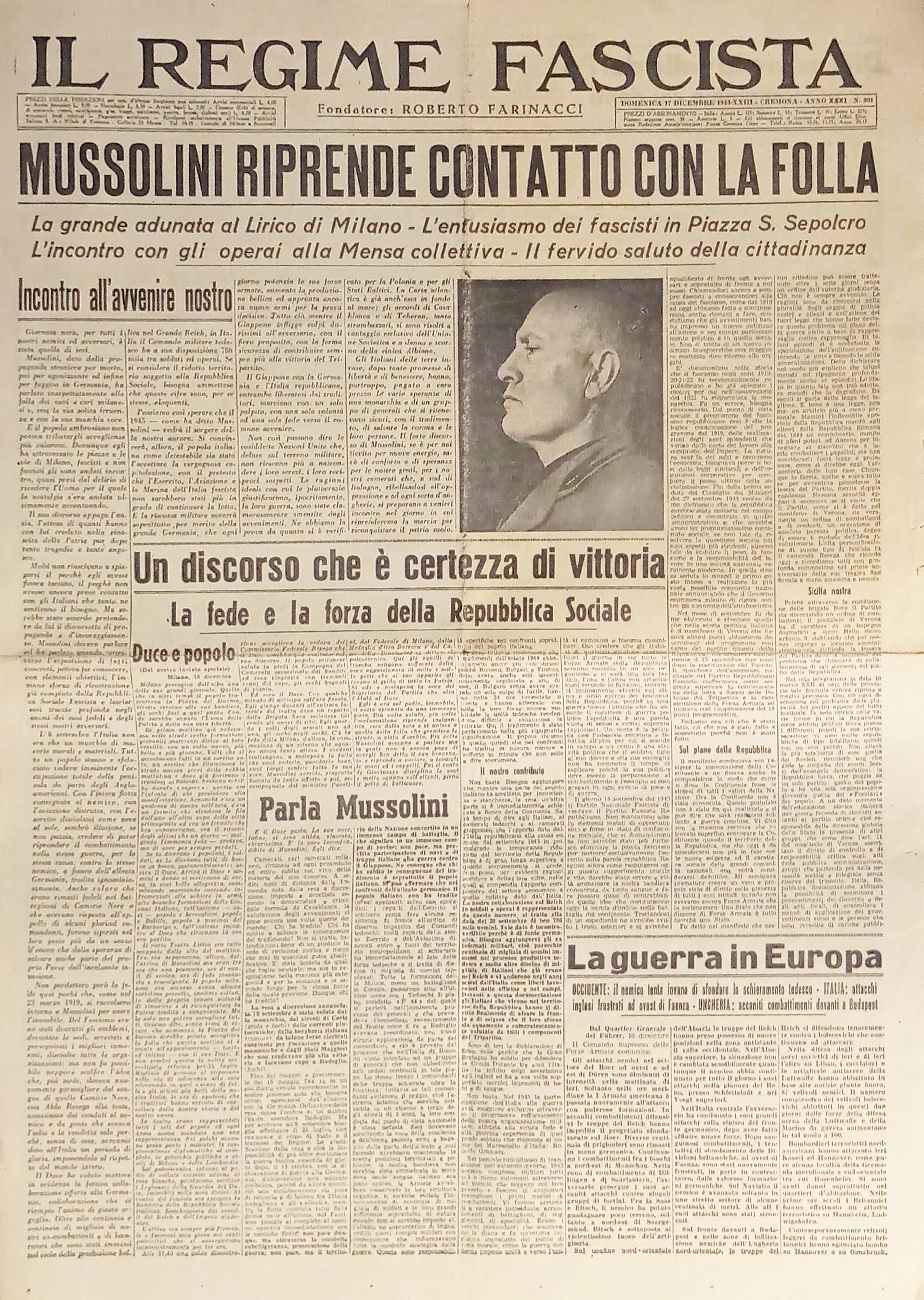 Quotidiano Il Regime Fascista n.301 - 1944 Mussolini riprende contatto …
