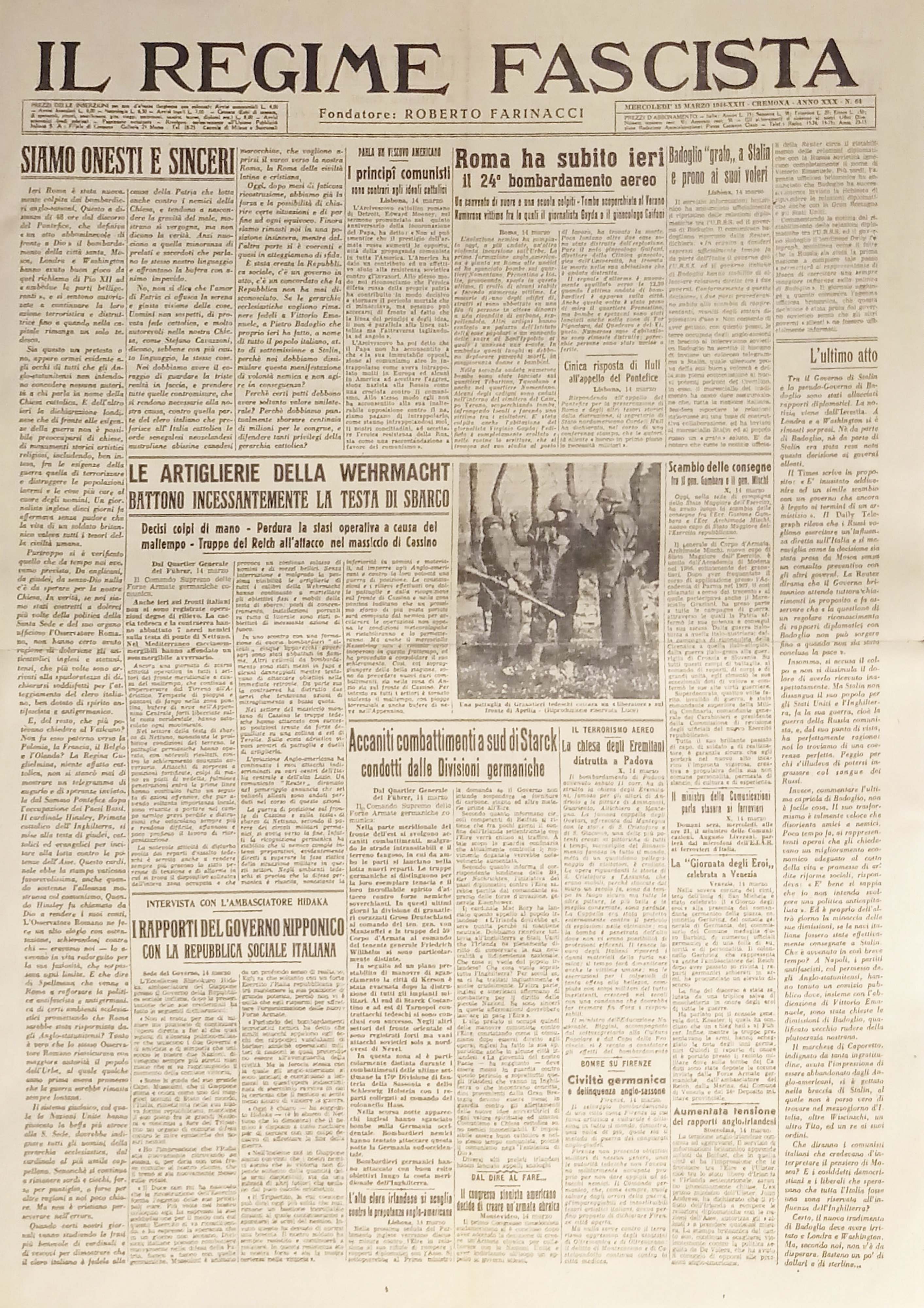 Quotidiano Il Regime Fascista n. 64 - 1944 Le Artiglierie …