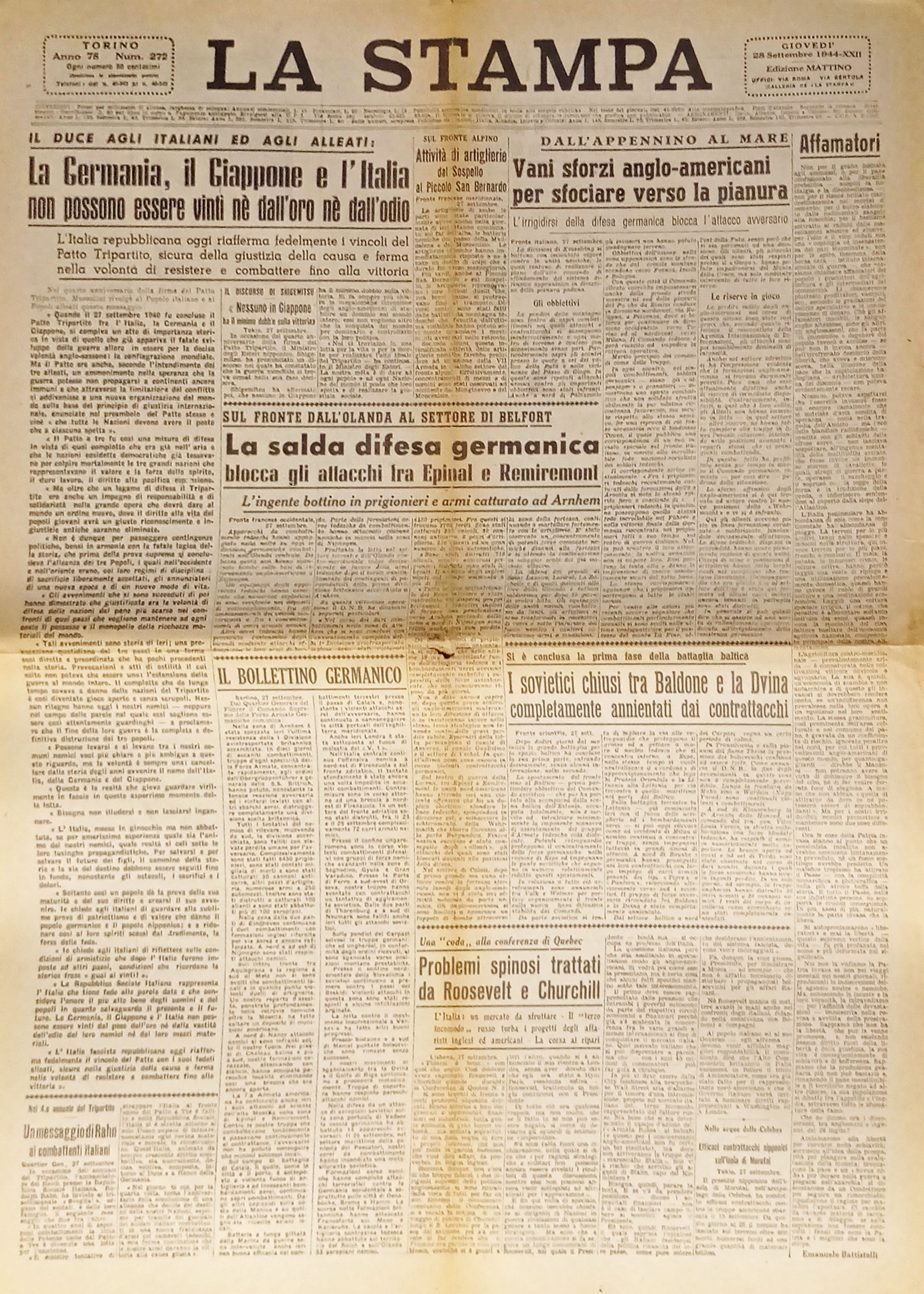 Quotidiano La Stampa N. 272 - 1944 La Germania, il …