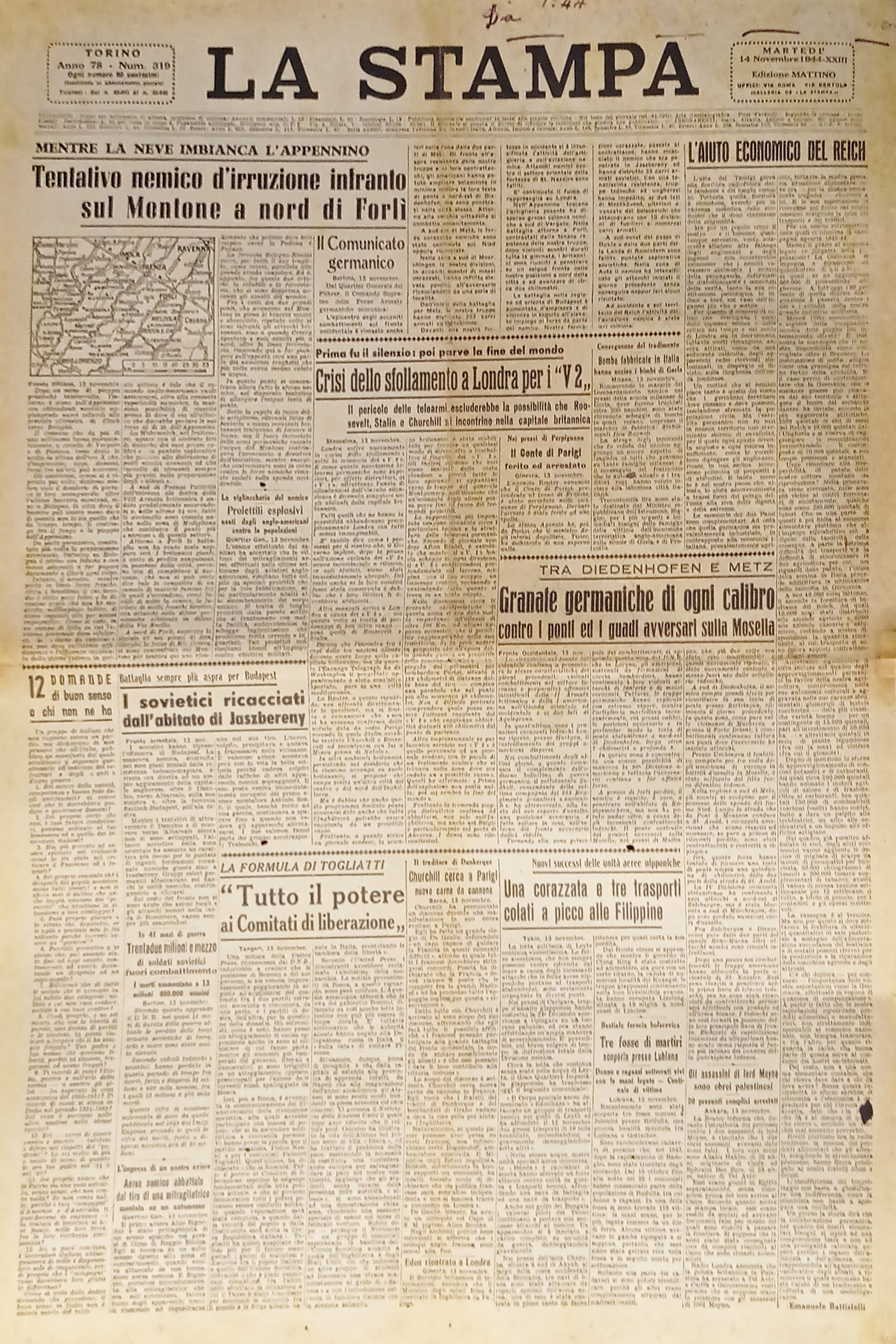 Quotidiano La Stampa N. 319 - 1944 Tentativo nemico sul …