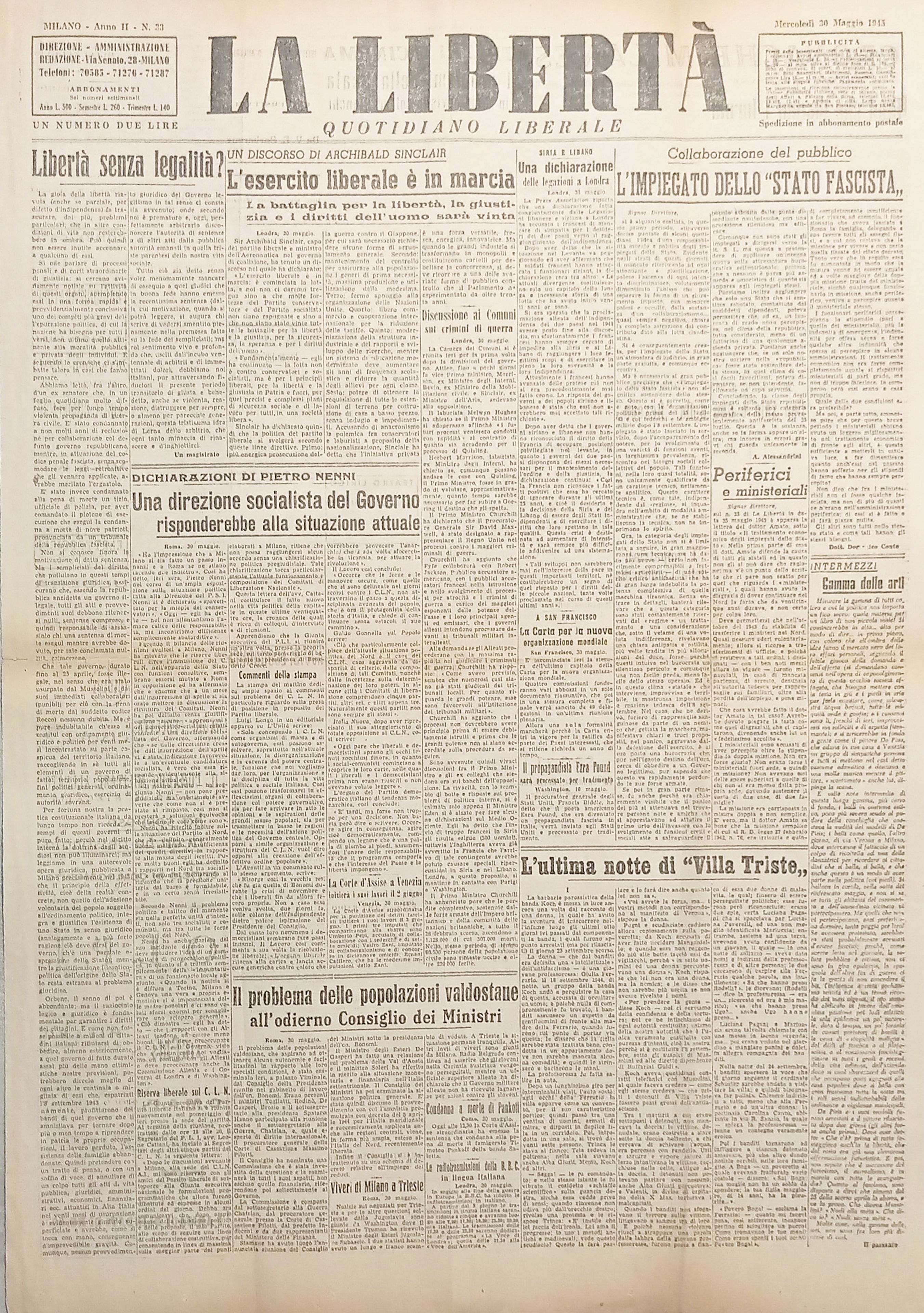 Quotidiano Liberale La Libertà N. 33 Direzione socialista Governo 30 …