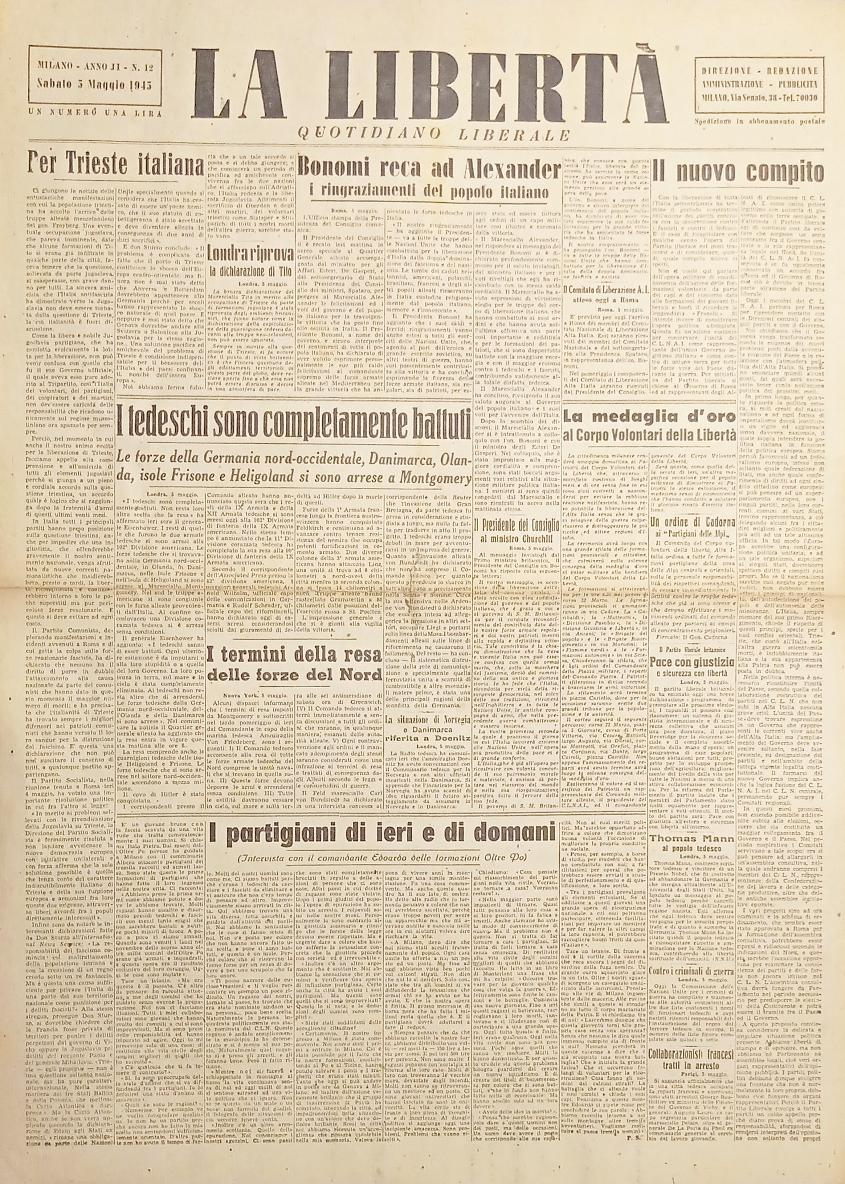 Quotidiano Liberale Milano - La Libertà N. 12 Tedeschi sono …