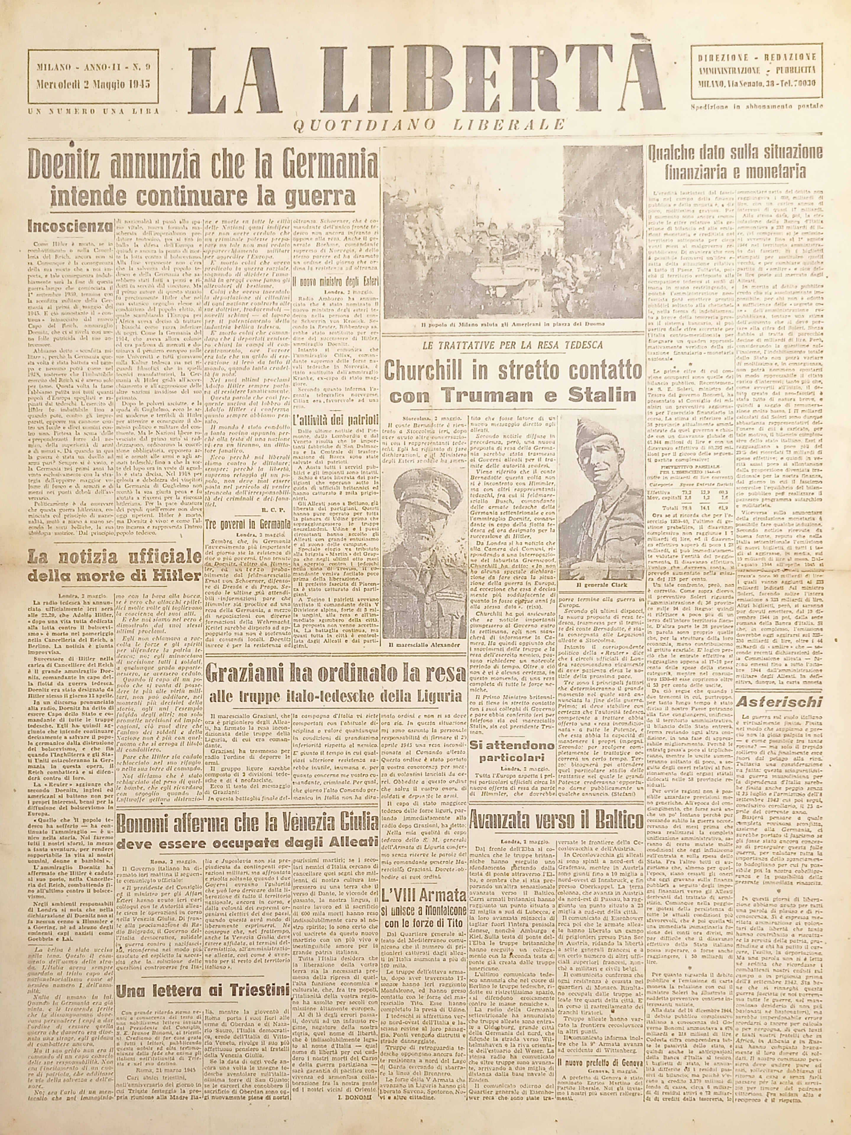 Quotidiano Liberale Milano La Libertà N. 9 - Churchill con …