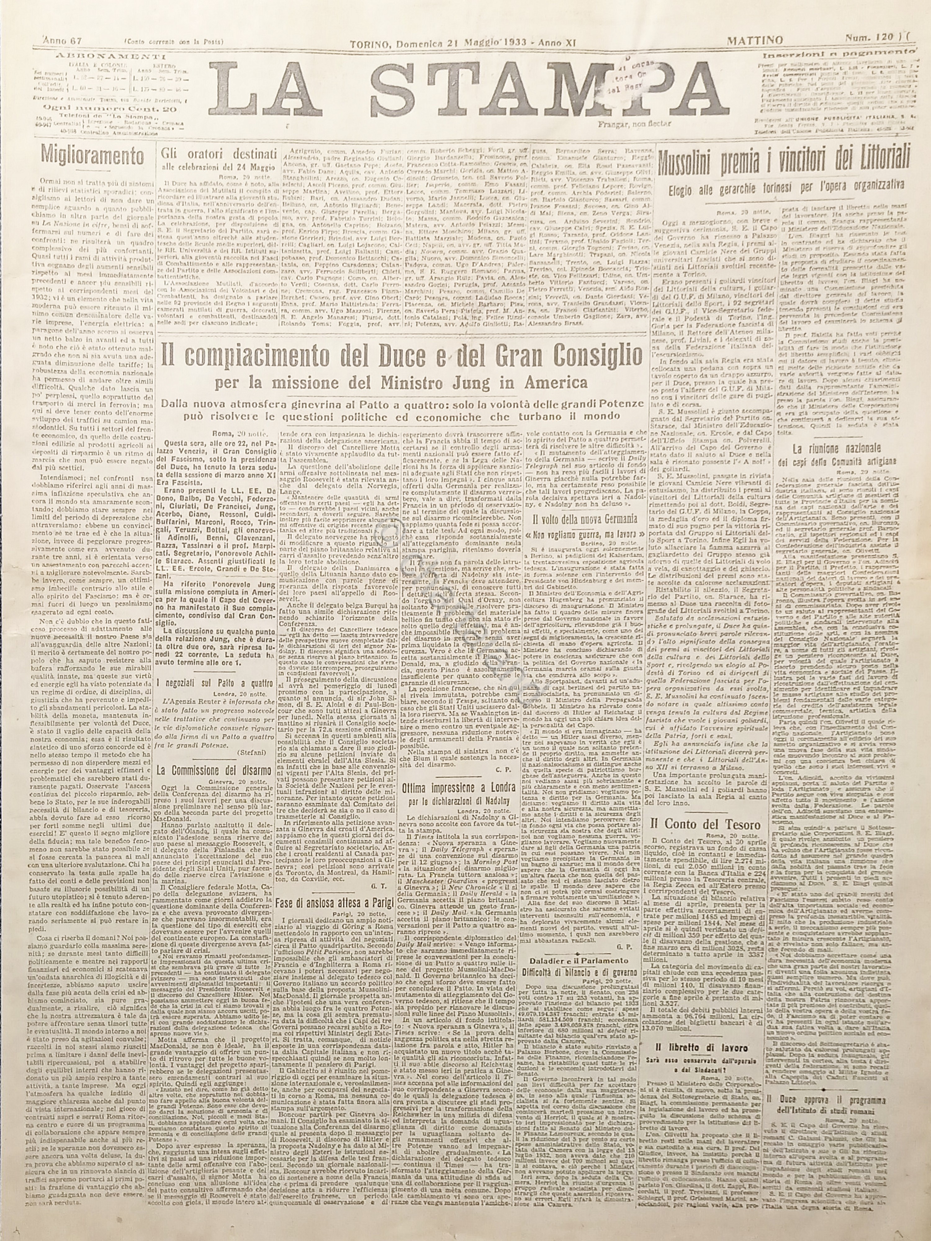 Quotidiano Torino - La Stampa N.120 Compiacimento del Duce e …