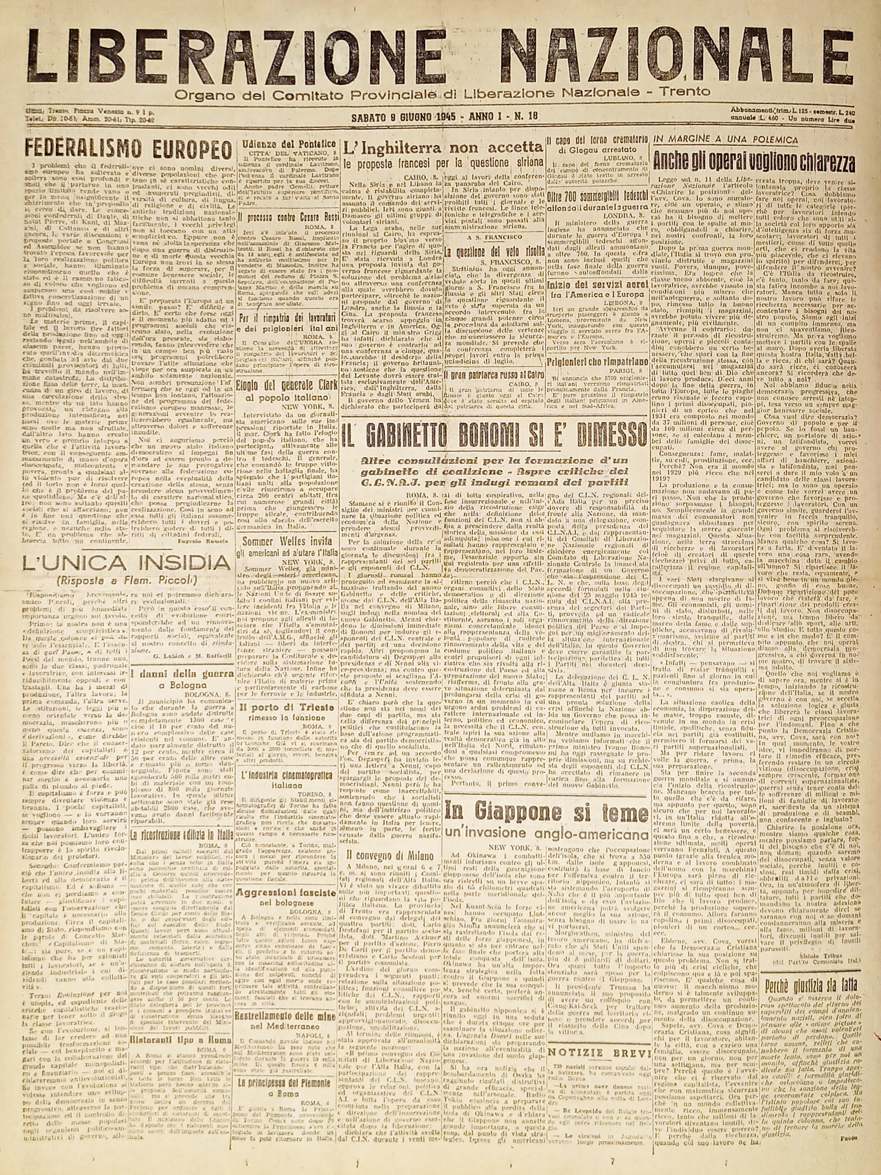 Quotidiano Trento - Liberazione Nazionale n. 18 - 1945 Bonomi …