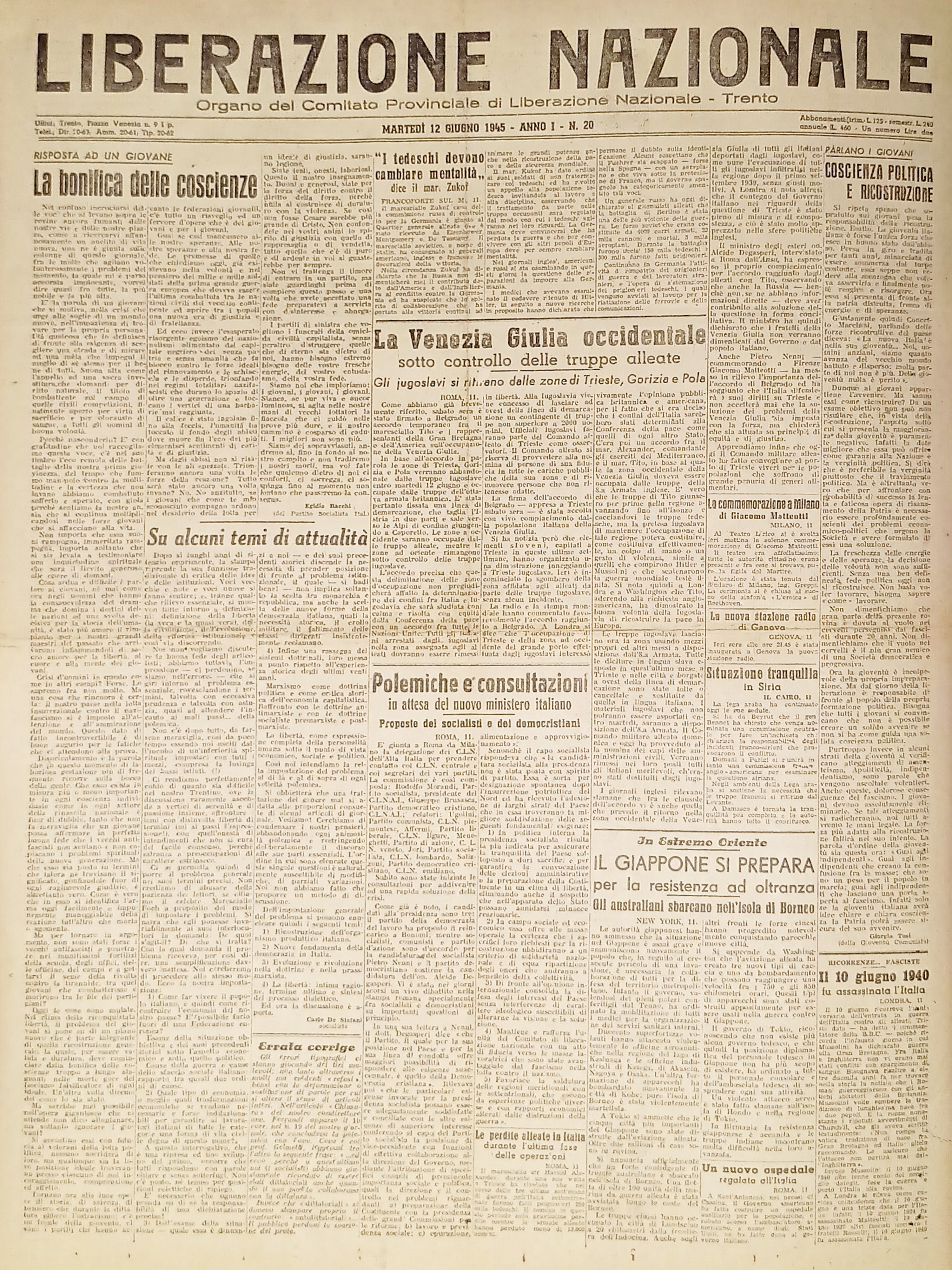 Quotidiano Trento - Liberazione Nazionale n.20 - 1945 Venezia Giulia …
