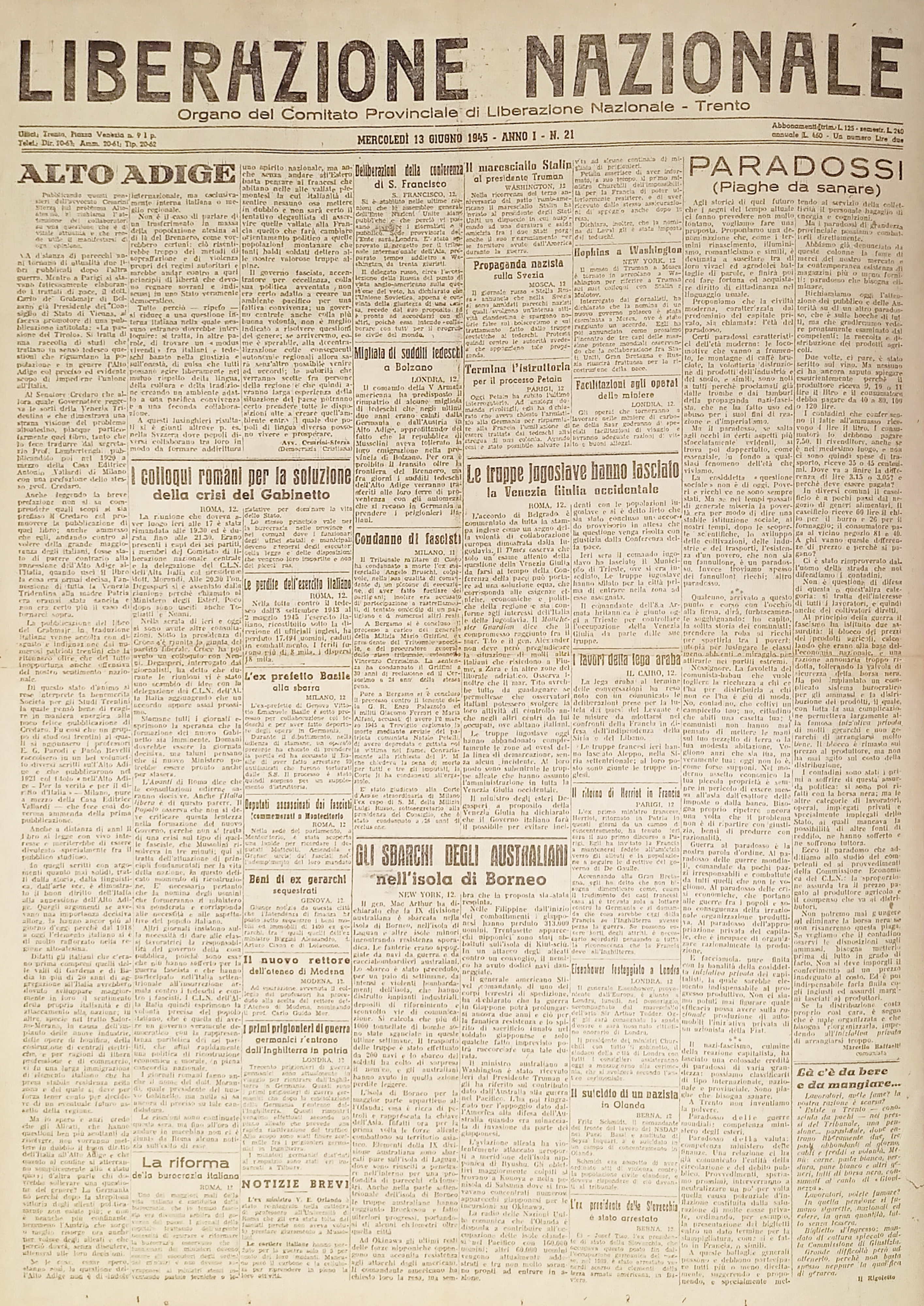 Quotidiano Trento - Liberazione Nazionale n. 21 - 1945 Alto …