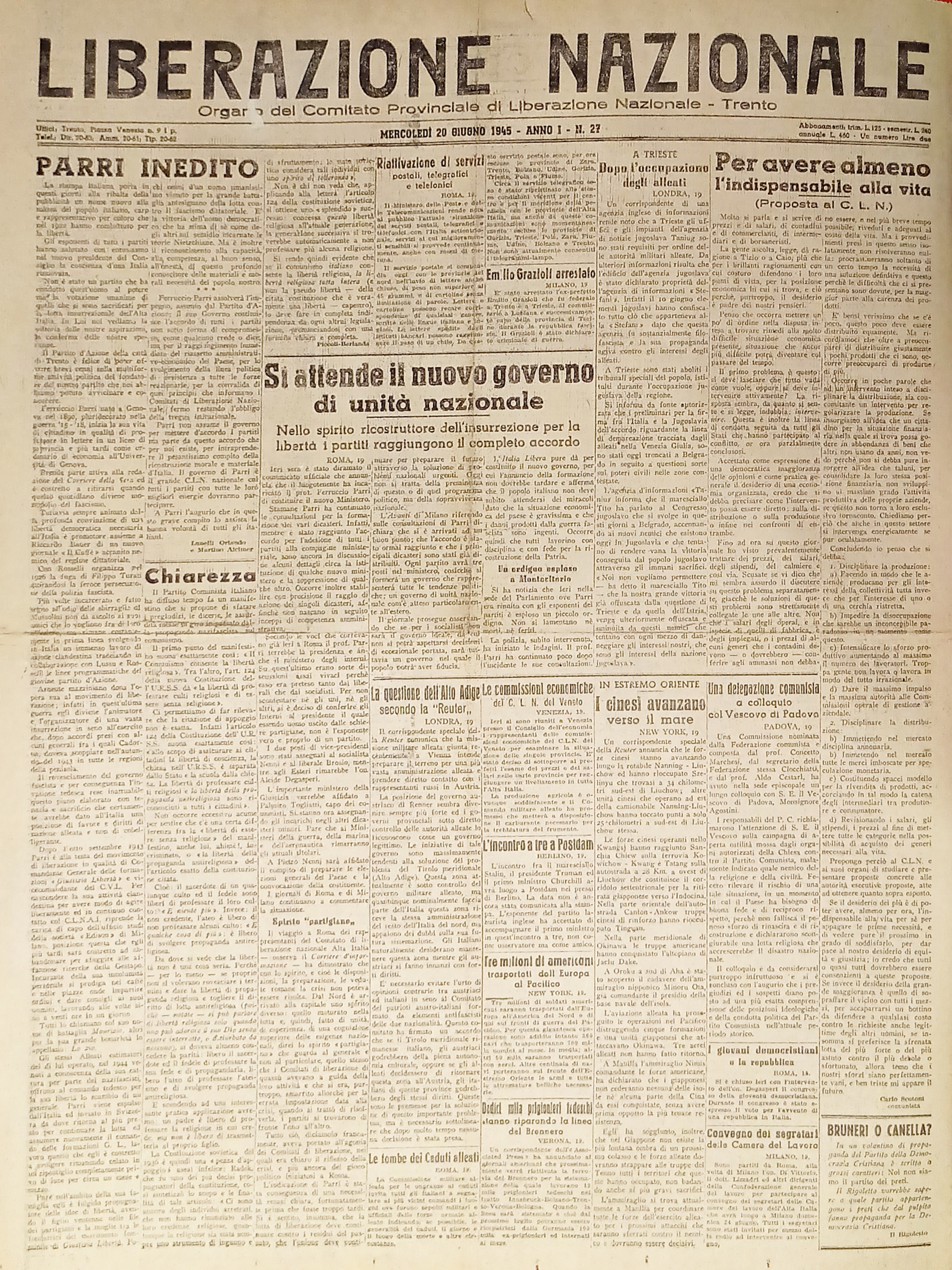 Quotidiano Trento - Liberazione Nazionale n. 27 - 1945 Parri …