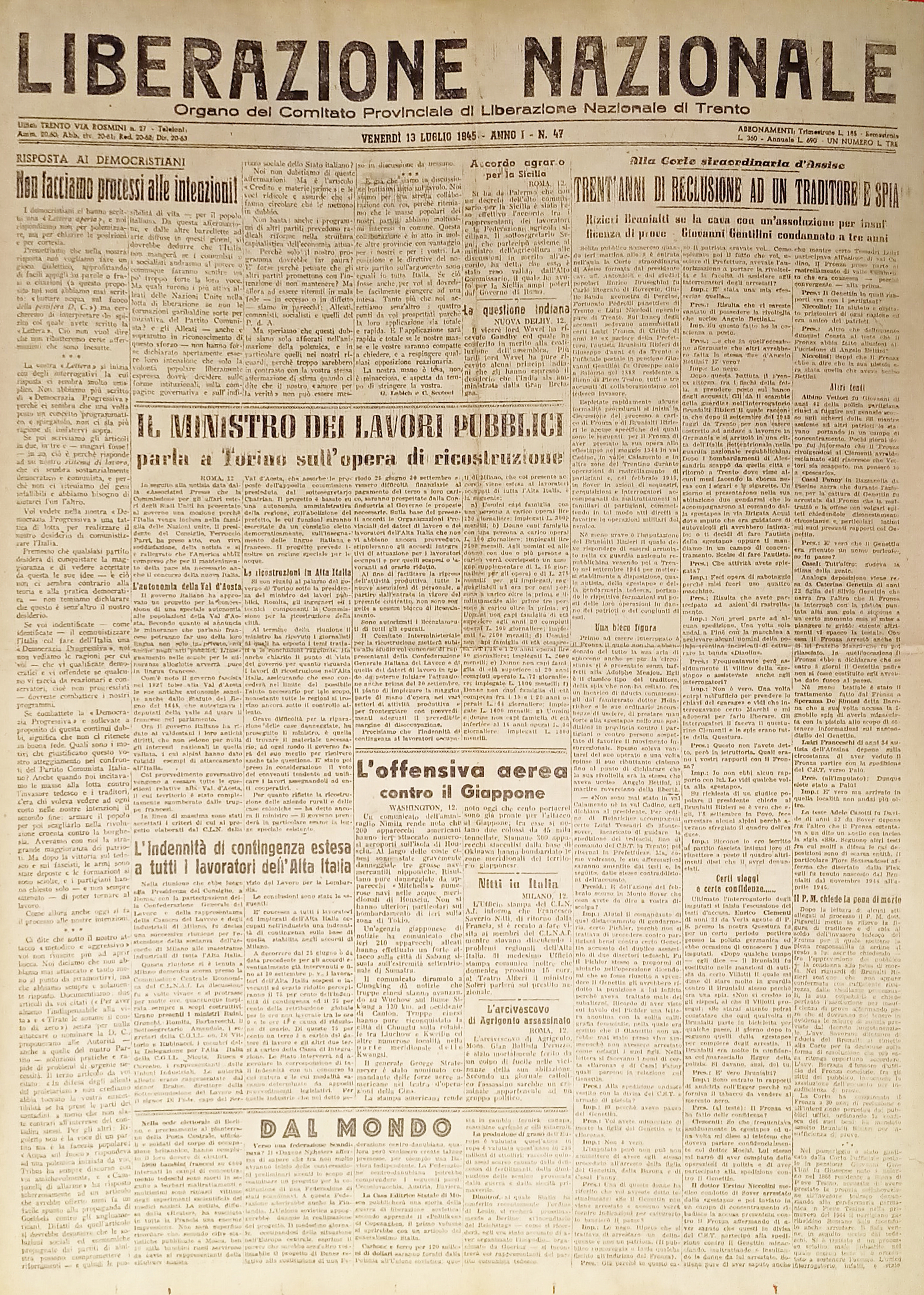 Quotidiano Trento - Liberazione Nazionale n. 47 - 1945 Ministro …
