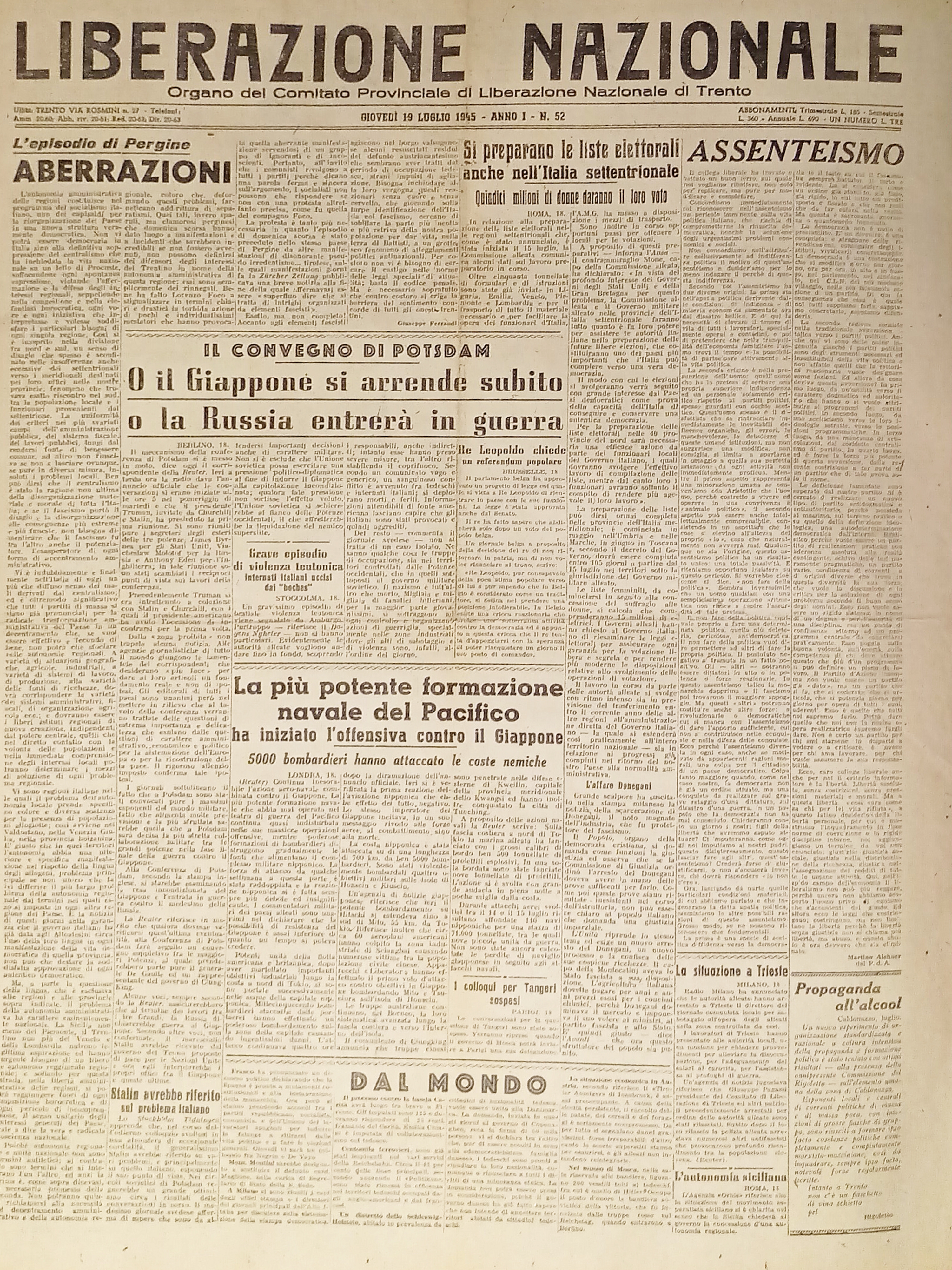 Quotidiano Trento - Liberazione Nazionale n. 52 - 1945 Russia …