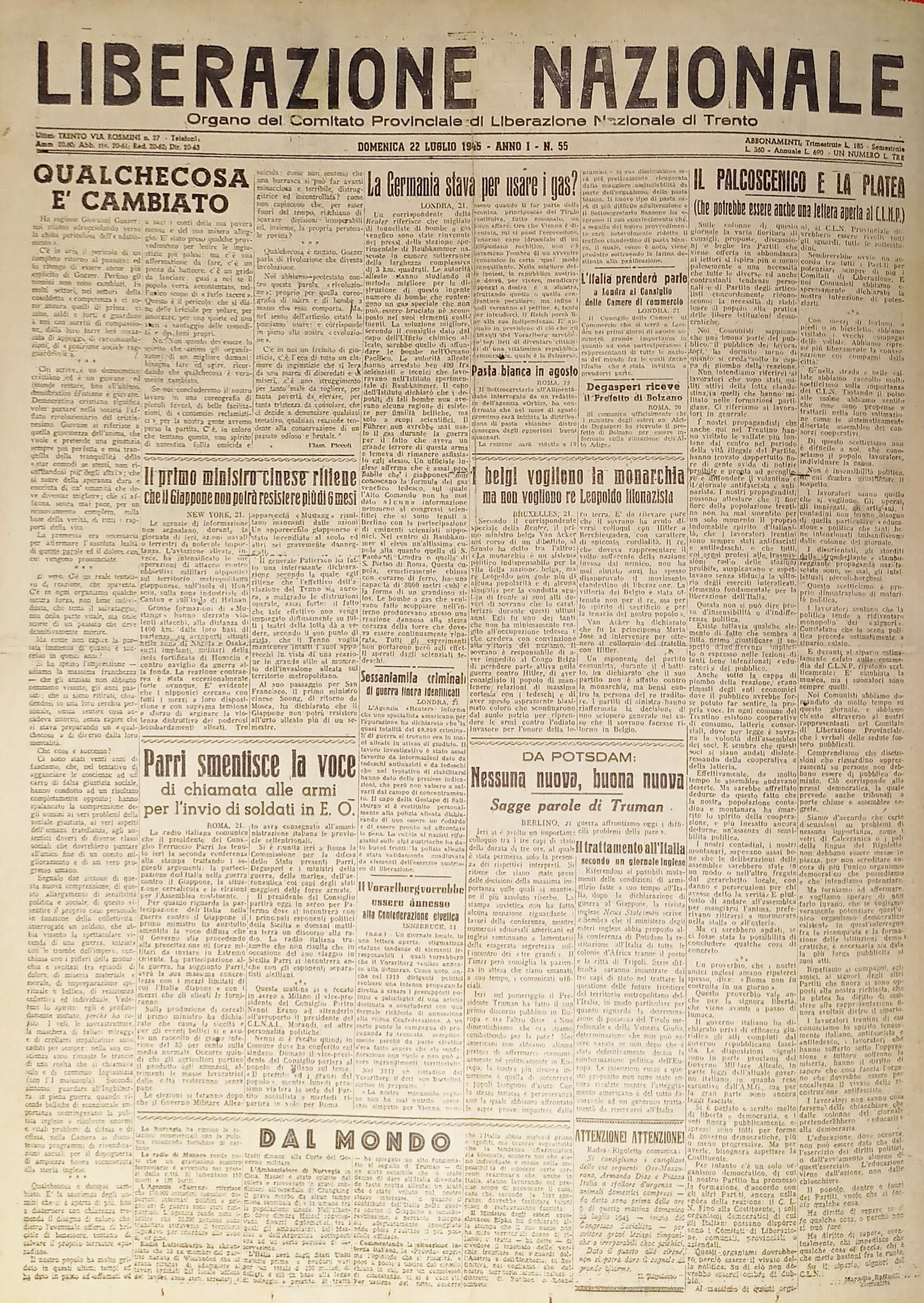 Quotidiano Trento - Liberazione Nazionale n. 55 - 1945 Qualcosa …