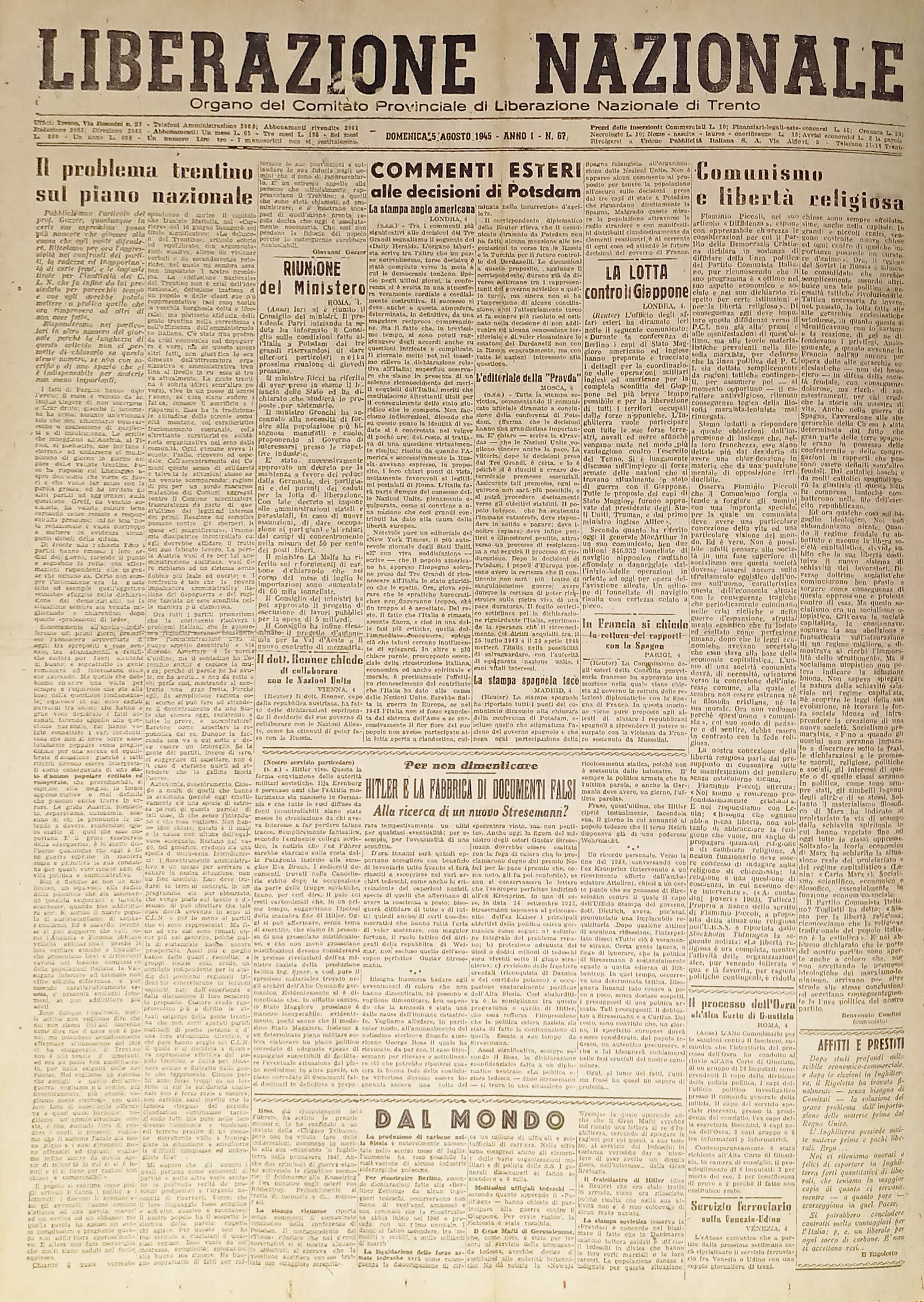 Quotidiano Trento - Liberazione Nazionale n. 67 - 1945 Decisioni …