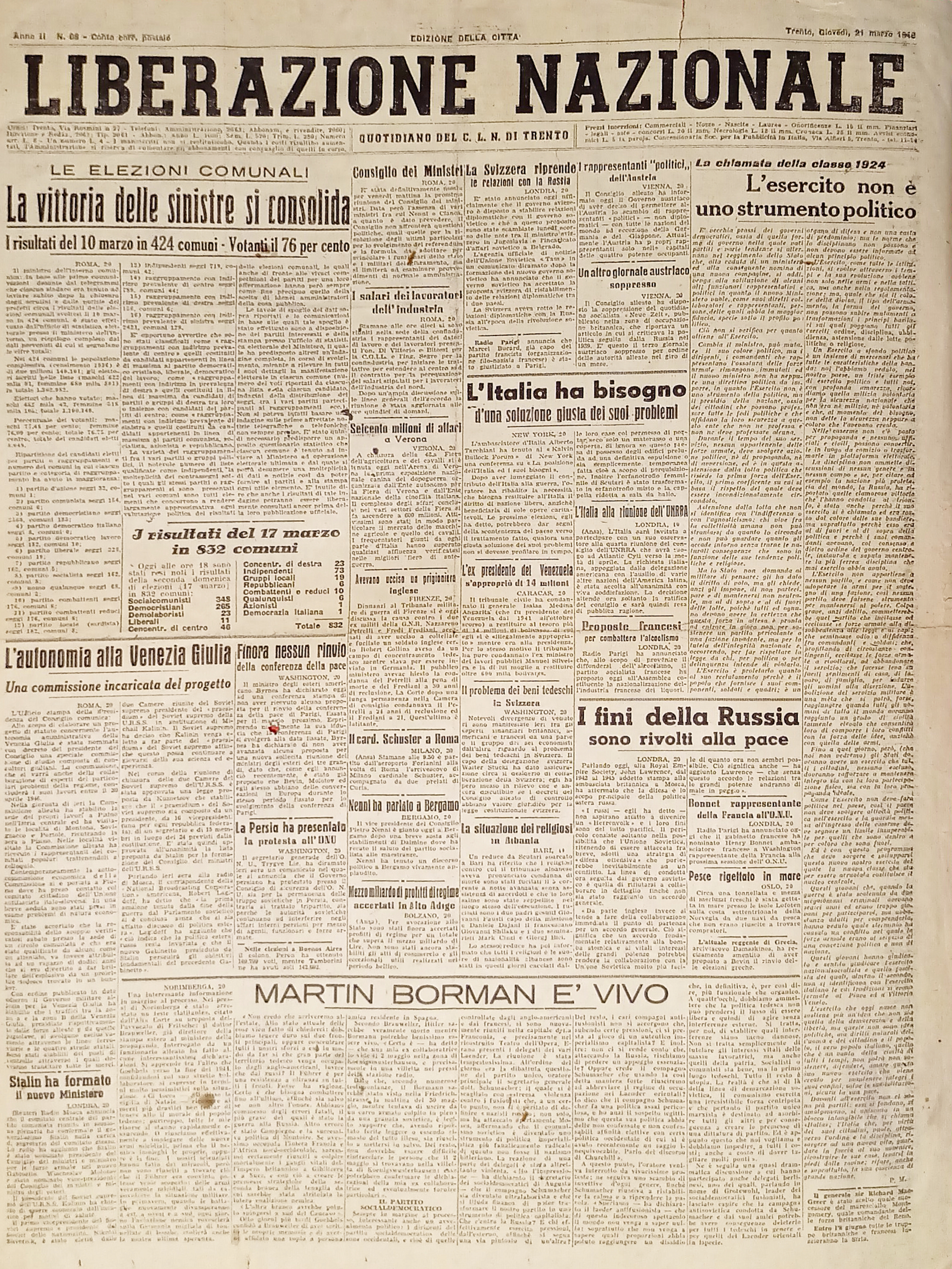Quotidiano Trento - Liberazione Nazionale n. 68 - 1946 Vittoria …