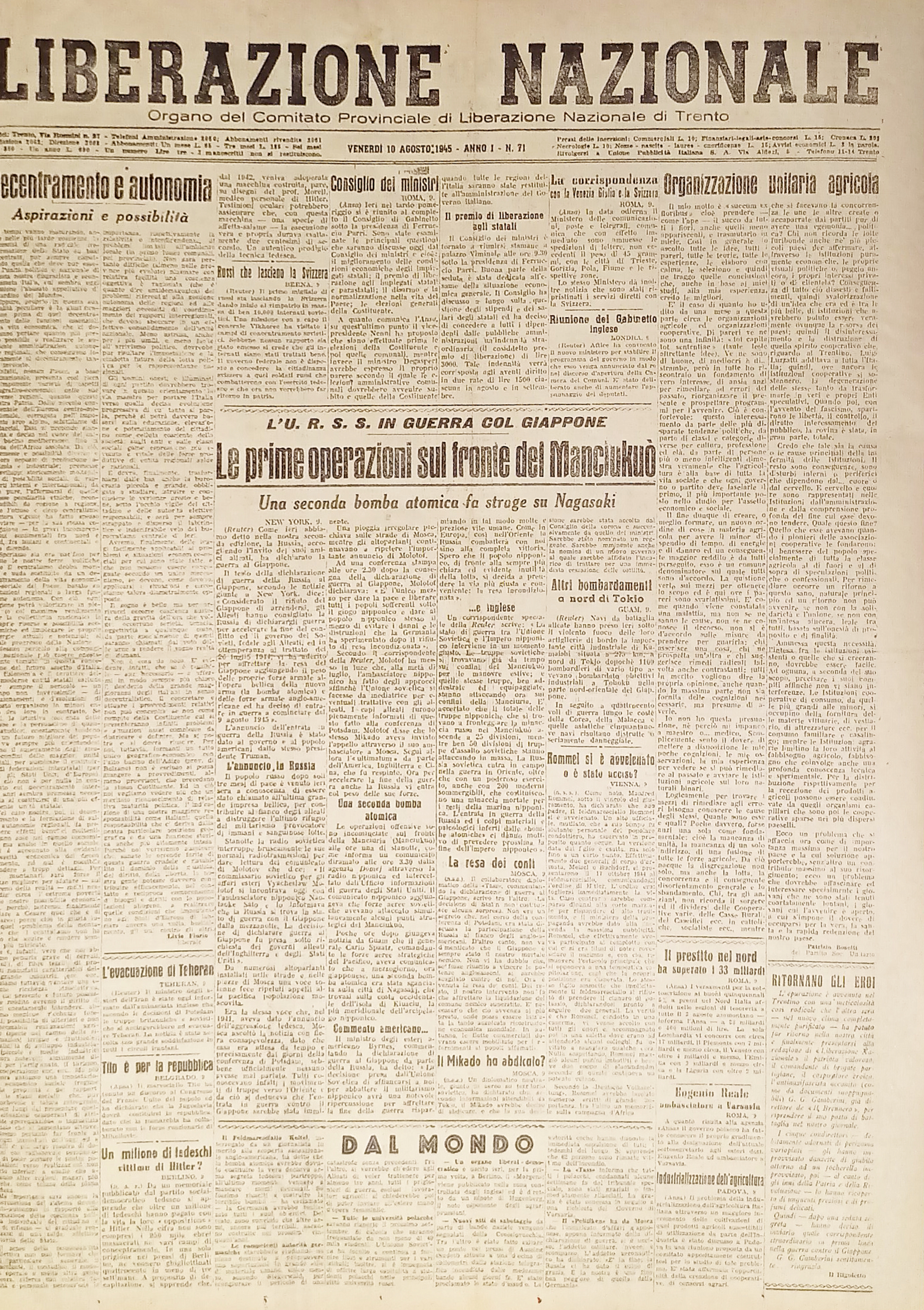 Quotidiano Trento - Liberazione Nazionale n. 71 - 1945 Fronte …