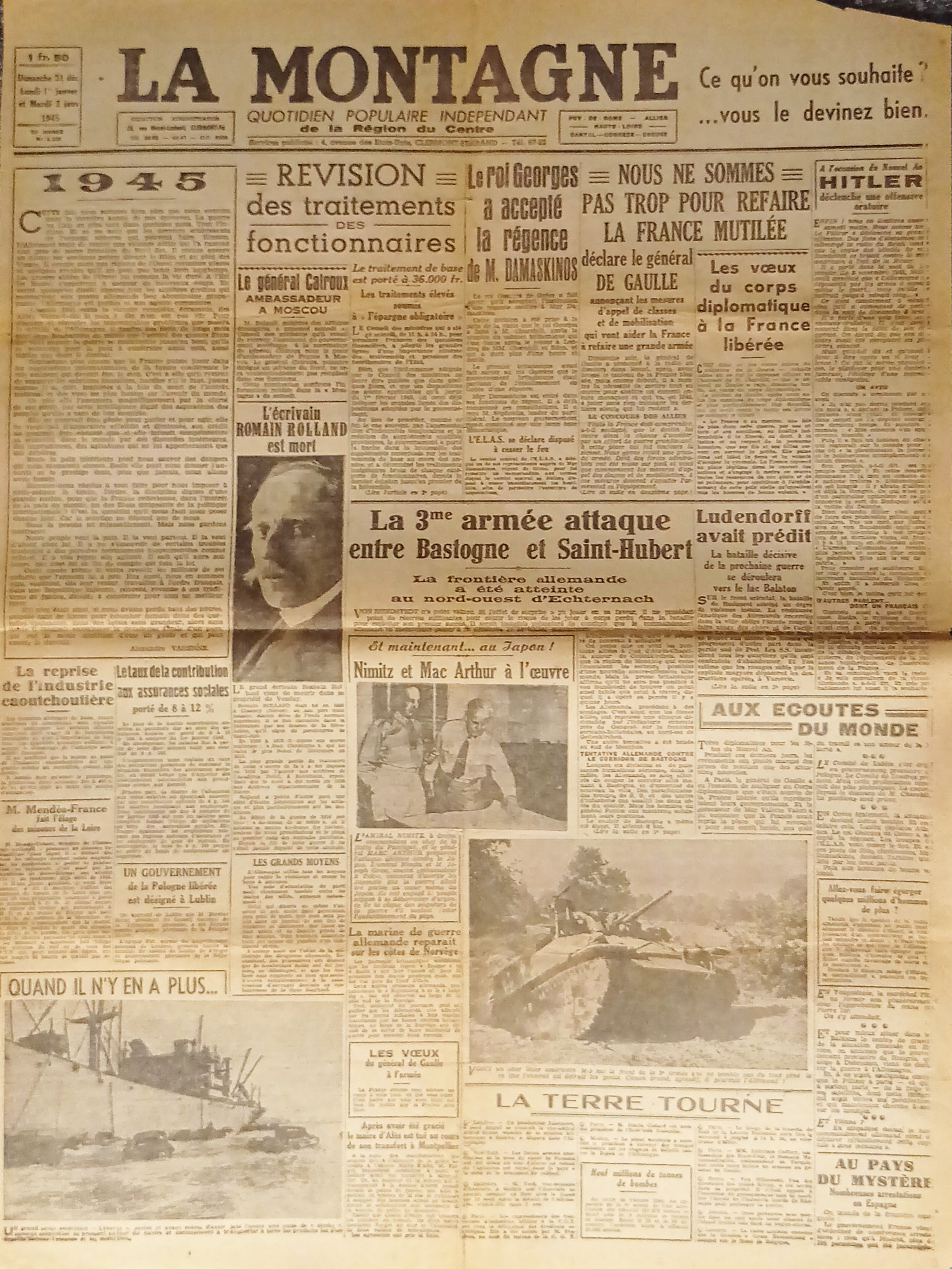 Quotidien - La Montagne N. 8.336 - 1945 La 3me …