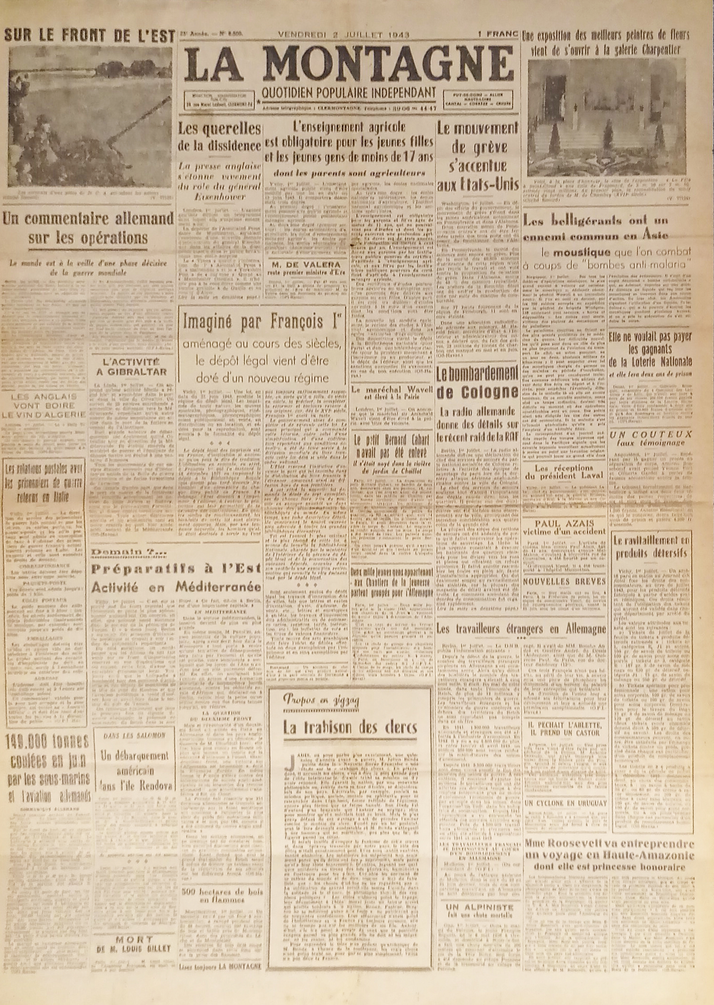 Quotidien - La Montagne N. 8500 - 1943 Un commentaire …