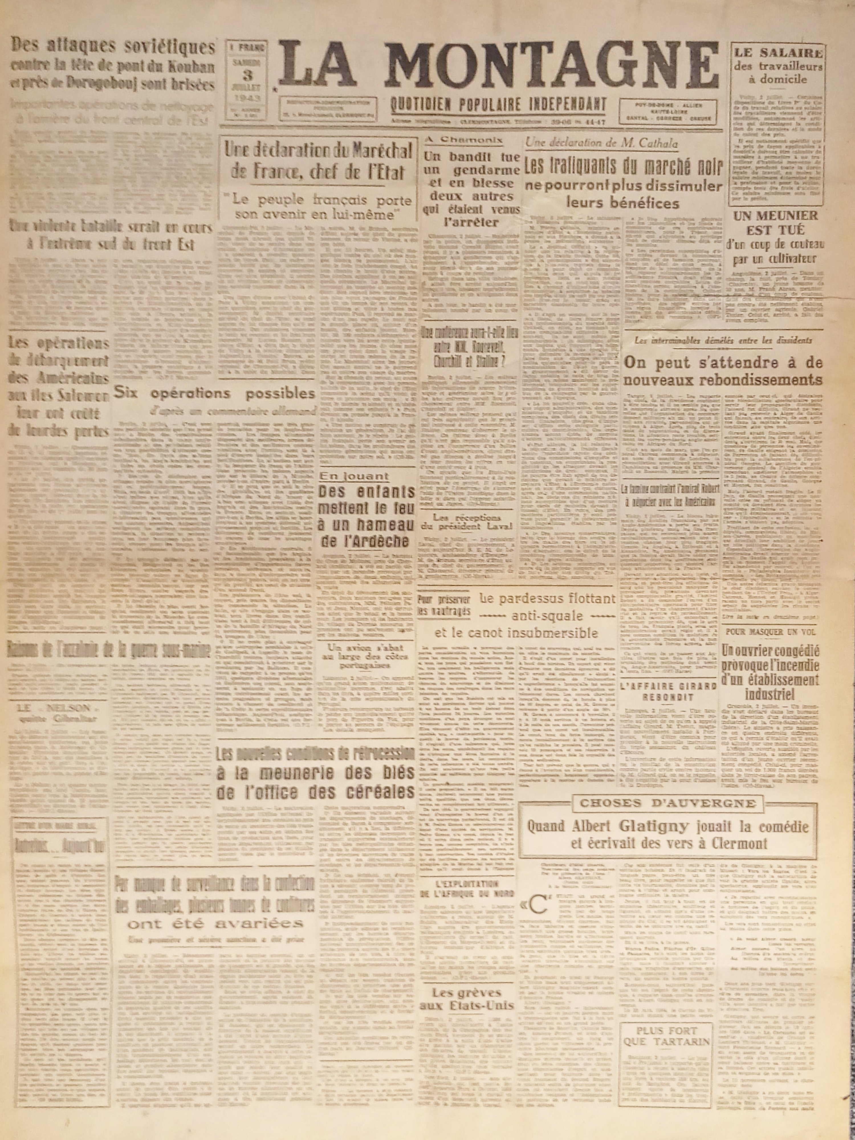 Quotidien - La Montagne N. 8501 - 1943 Une déclaration …