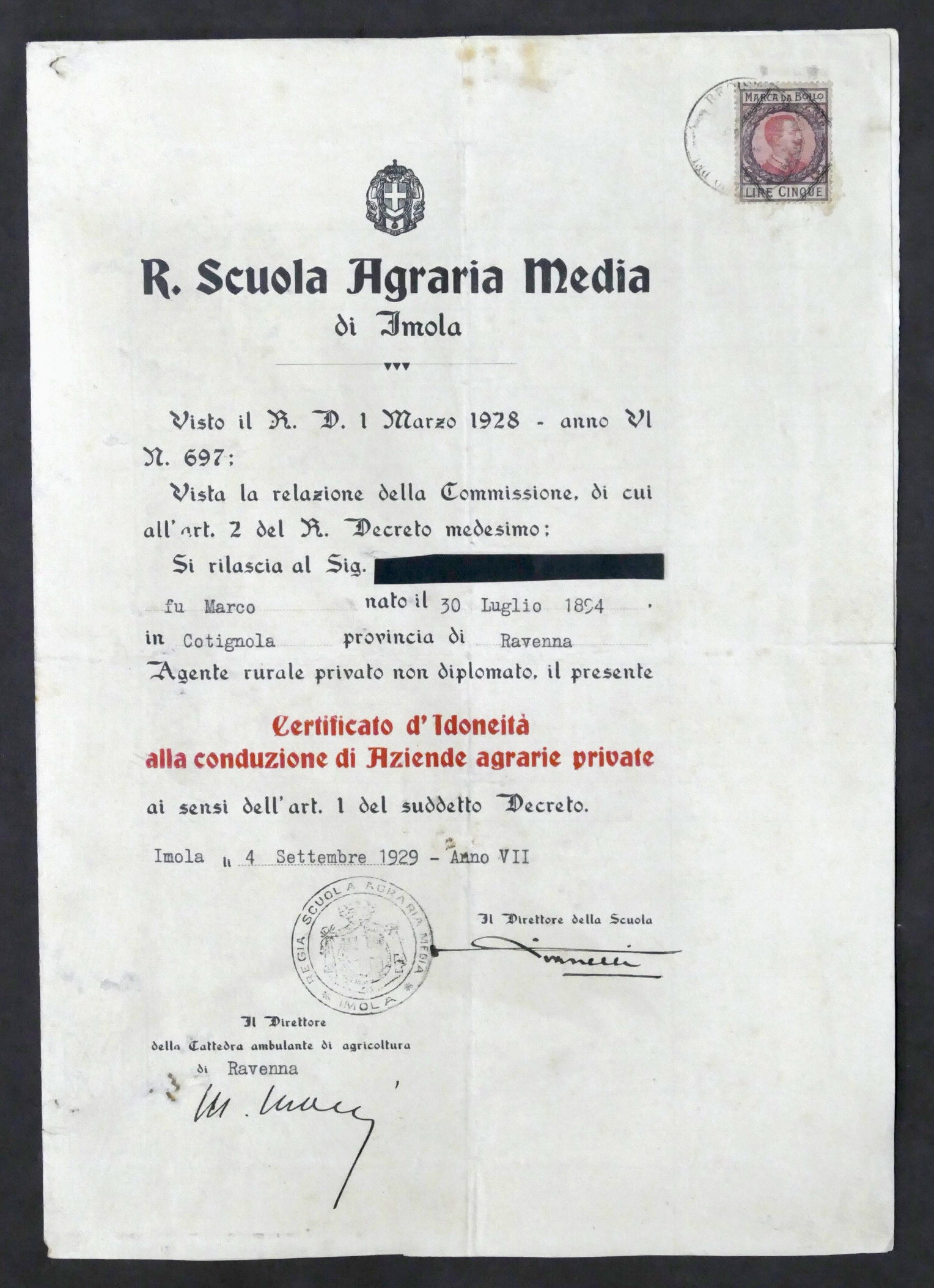 R. Scuola Agraria Media di Imola - Certificato di Idoneità …