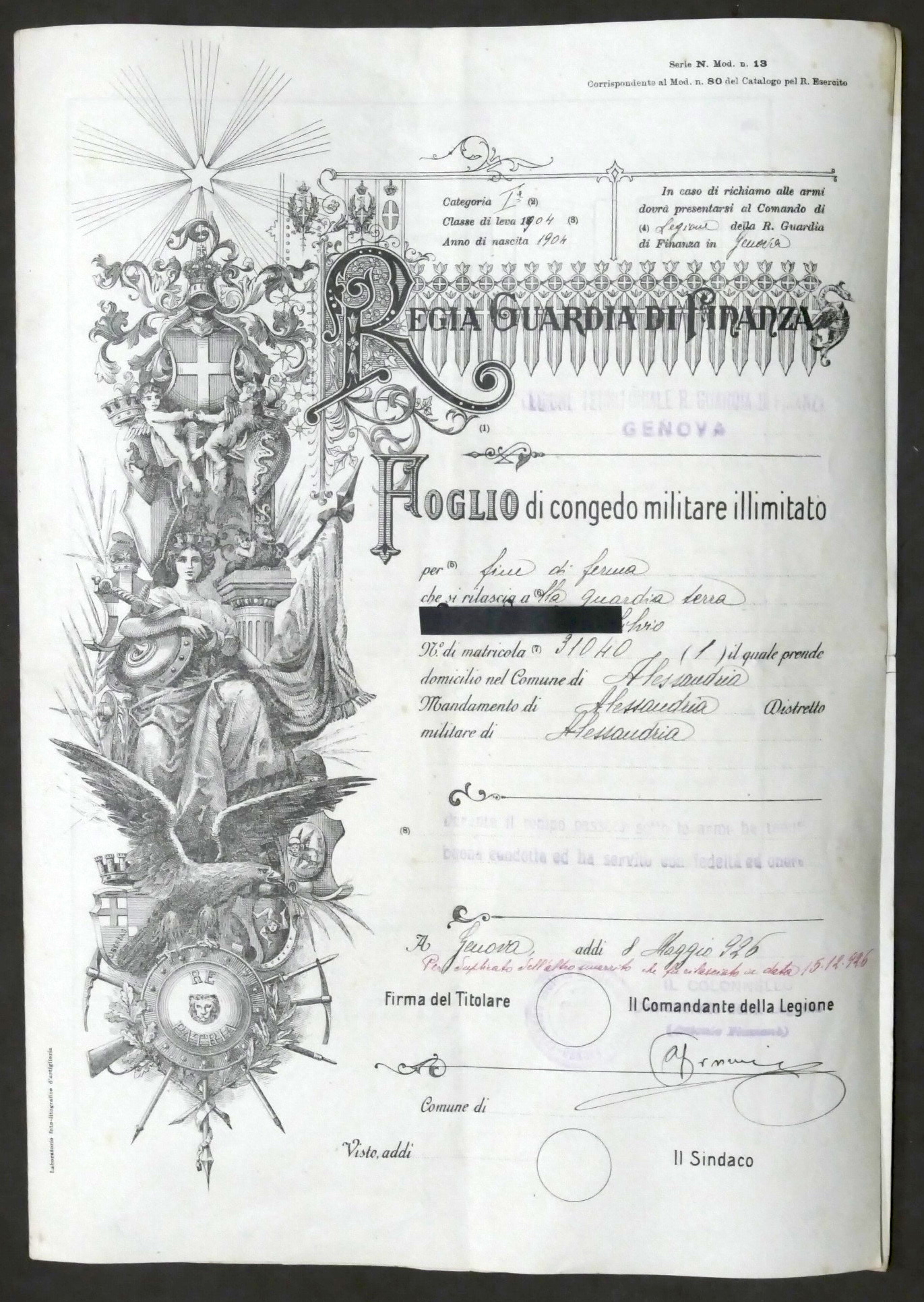 Regia Guardia di Finanza - Foglio di Congedo Militare Illimitato …