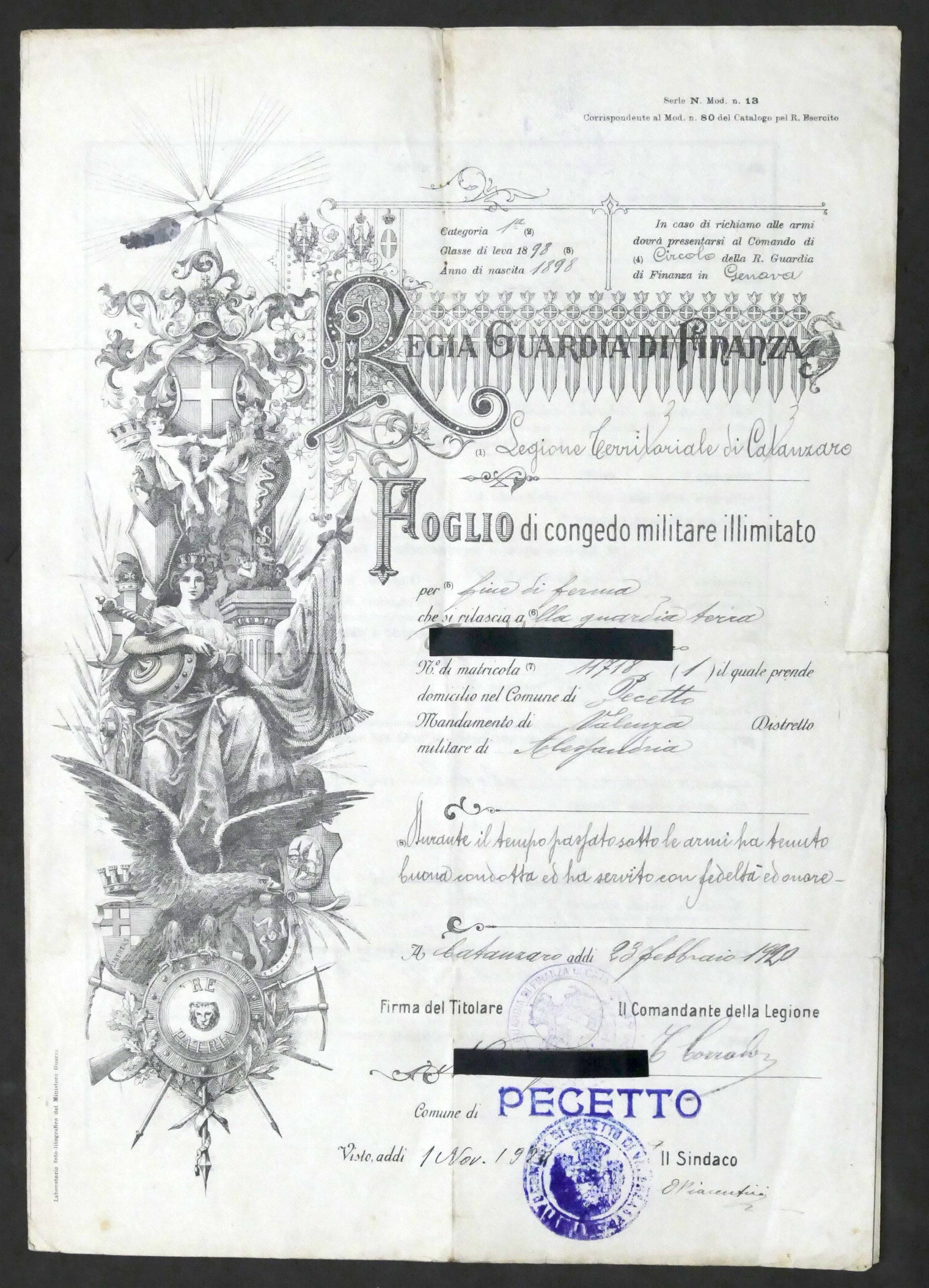 Regia Guardia di Finanza - Foglio di Congedo Militare illimitato …